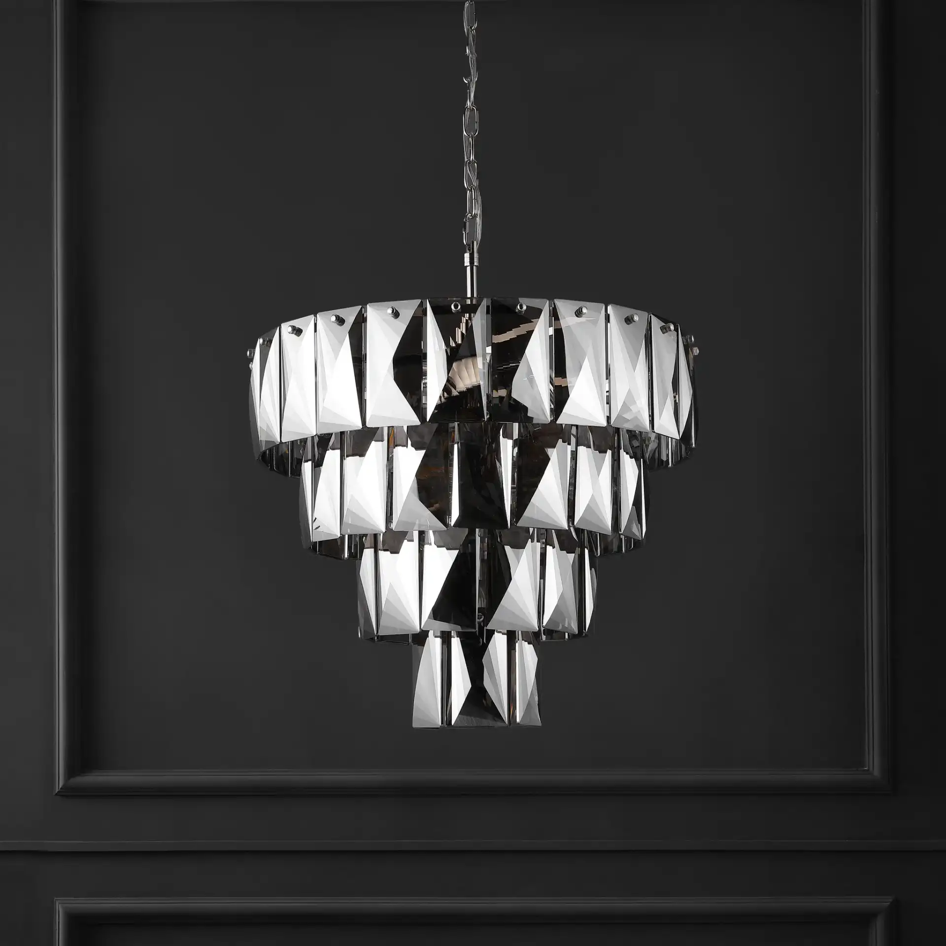 Jaylee Crystal Four-Tier Chandelier in Nickel / Dark Gray in a styled room