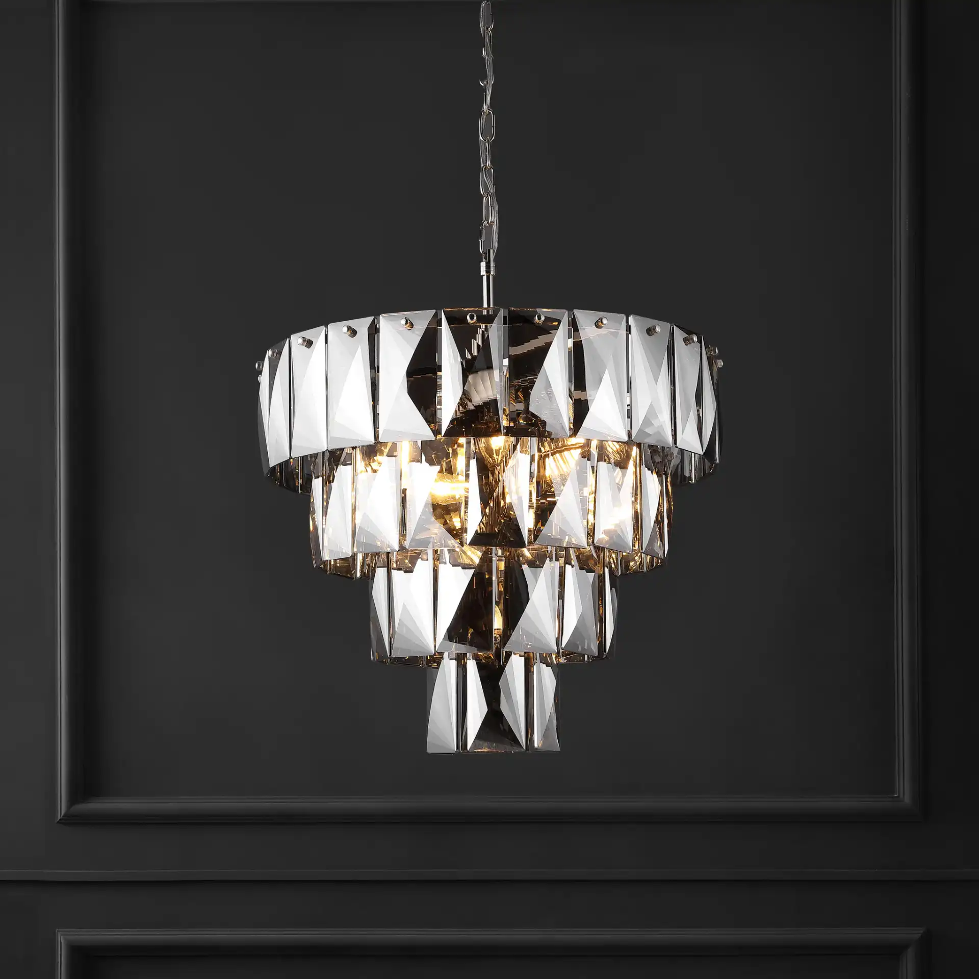 Jaylee Crystal Four-Tier Chandelier in Nickel / Dark Gray in a styled room