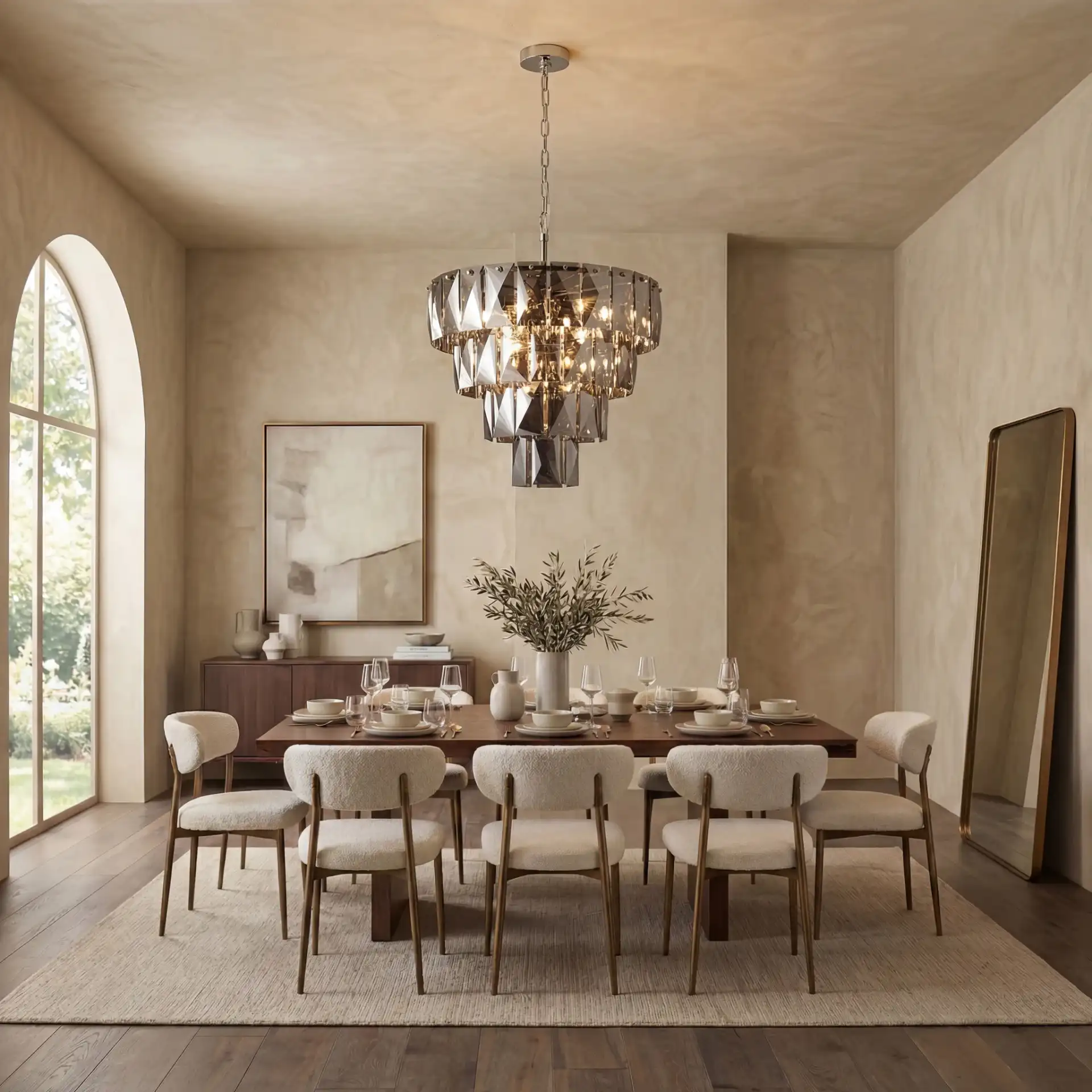Jaylee Crystal Four-Tier Chandelier in Nickel / Dark Gray in a styled room