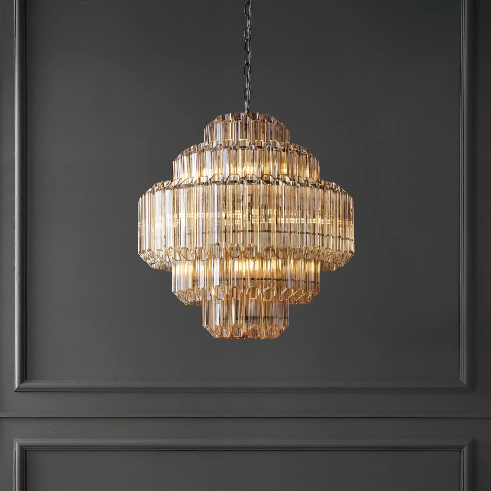 Adaline Glass Chandelier in Nickel in a styled room