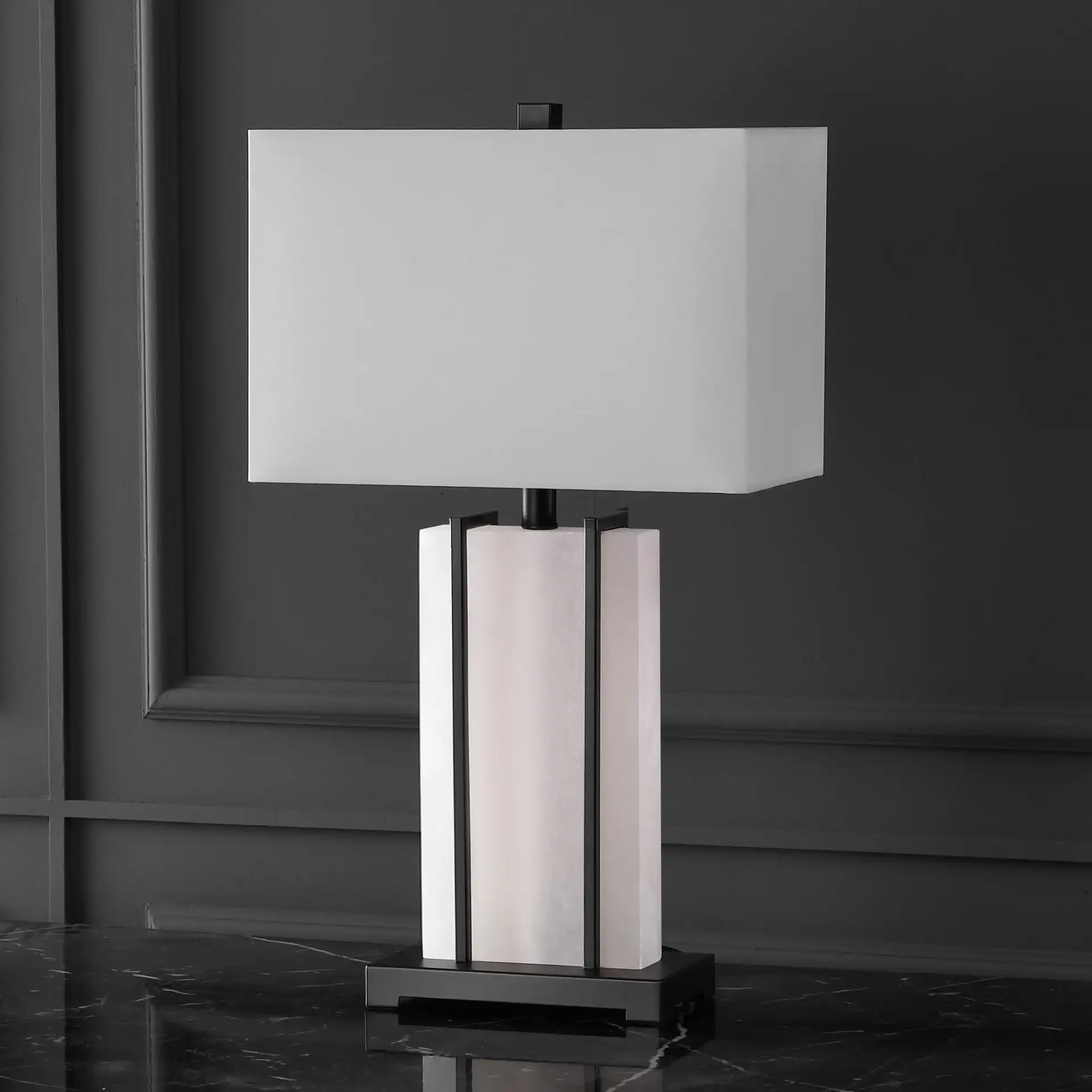 Fantasia Alabaster Table Lamp in Black / White in a styled room