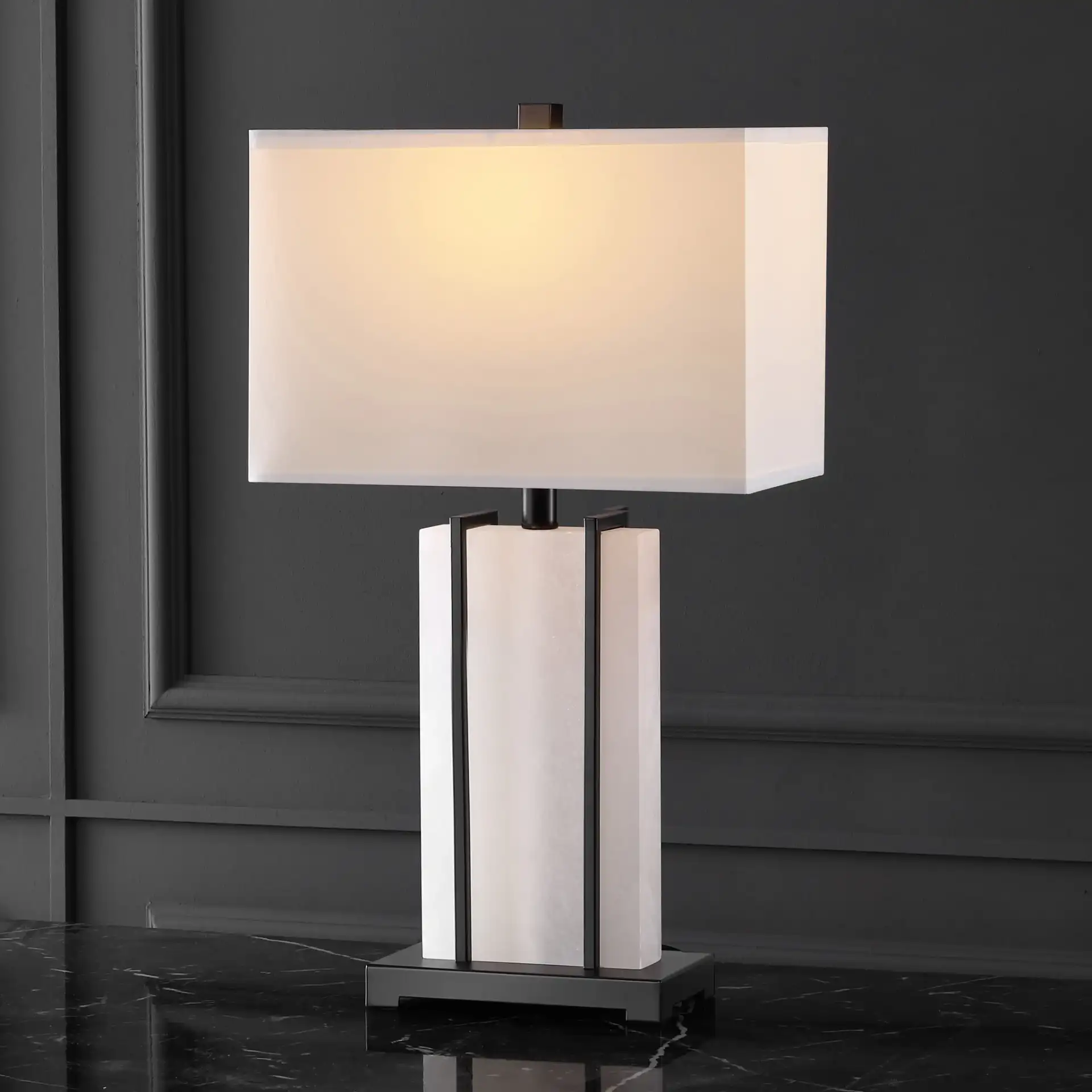 Fantasia Alabaster Table Lamp in Black / White in a styled room