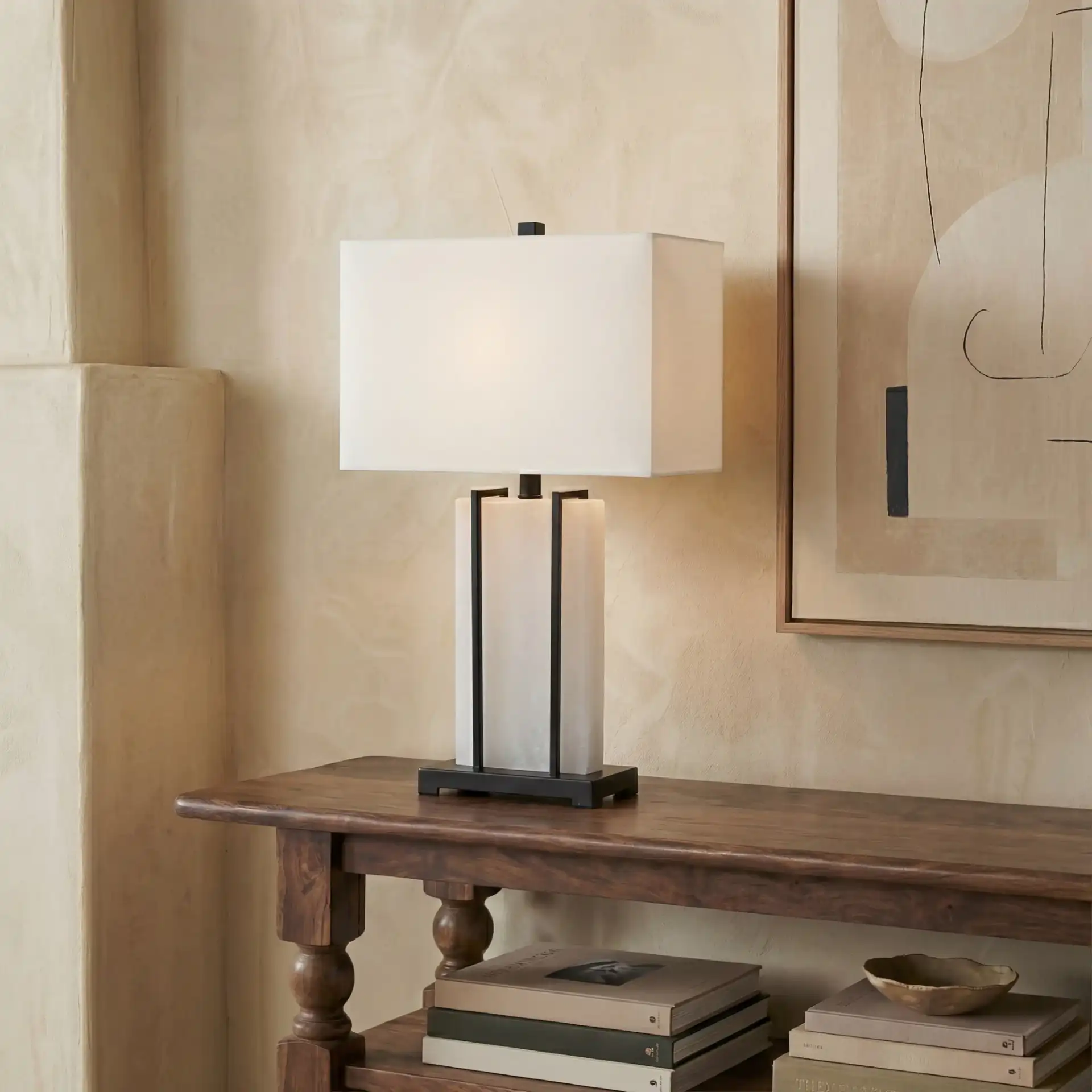 Fantasia Alabaster Table Lamp in Black / White in a styled room