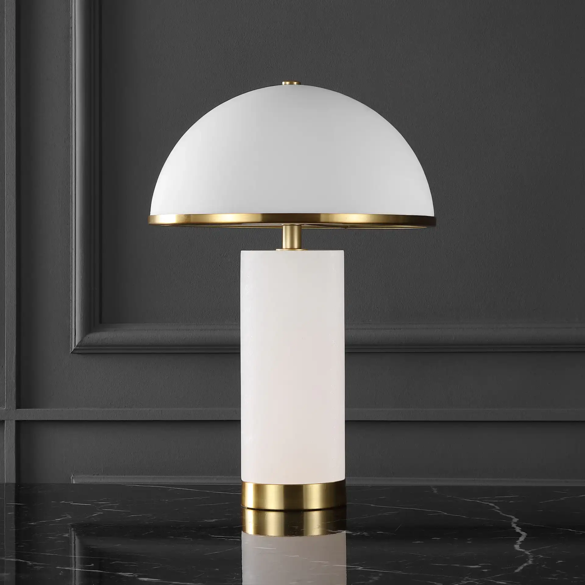 Izabel Alabaster Table Lamp in Gold / White in a styled room