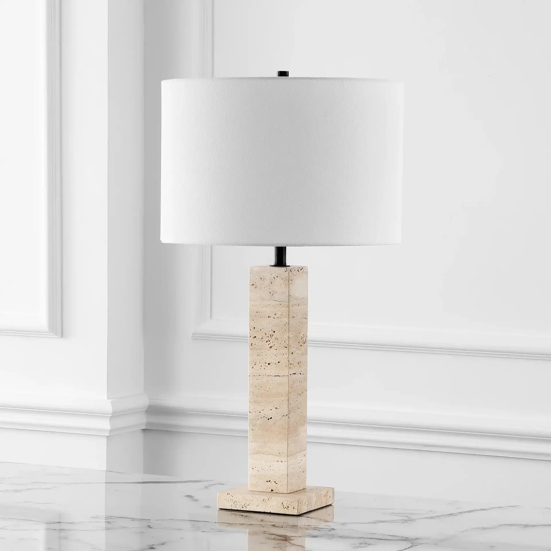 Hannabeth Travertine Table Lamp in Travertine / Black in a styled room