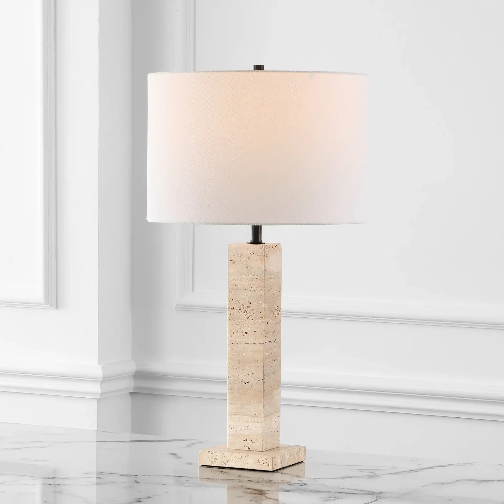 Hannabeth Travertine Table Lamp in Travertine / Black in a styled room