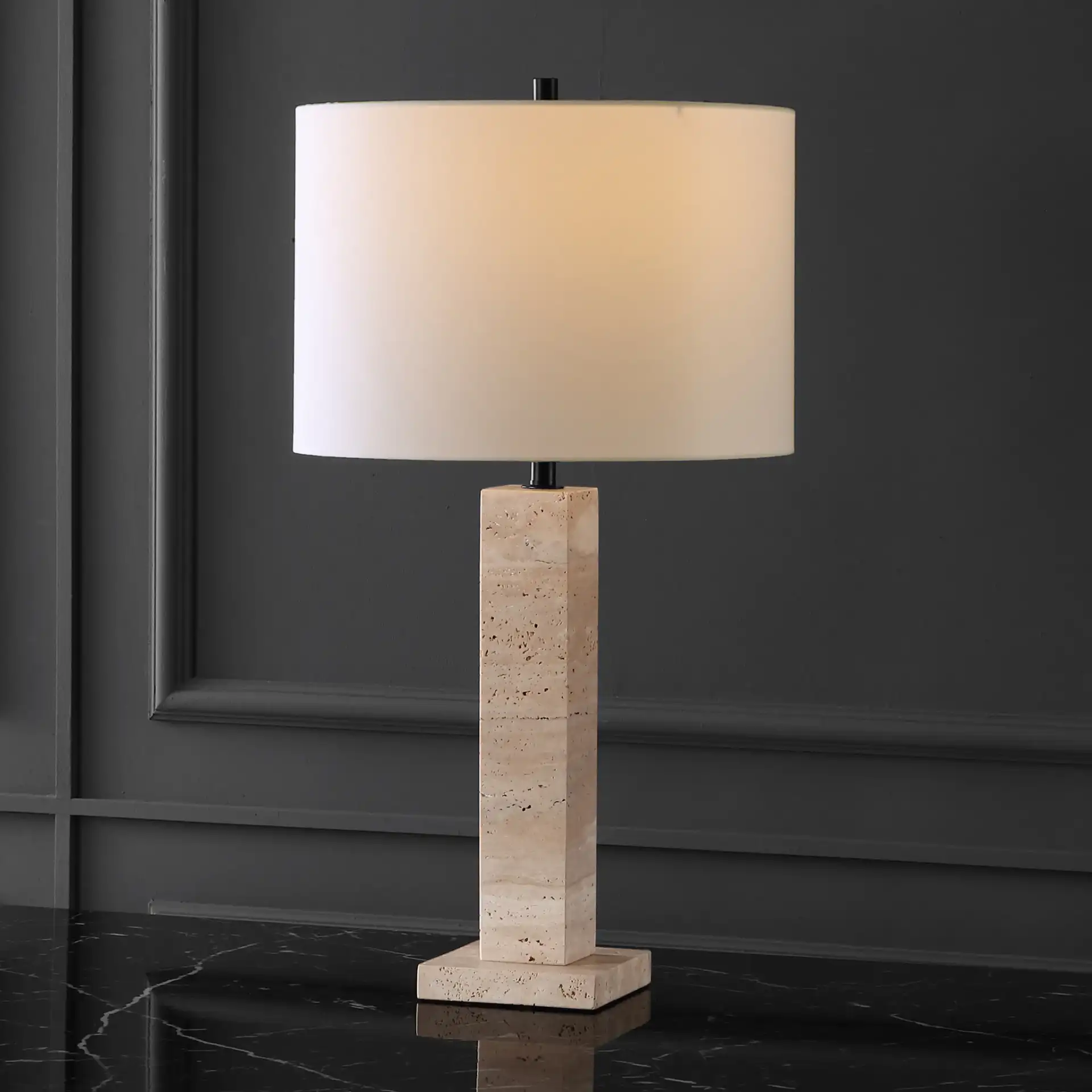 Hannabeth Travertine Table Lamp in Travertine / Black in a styled room