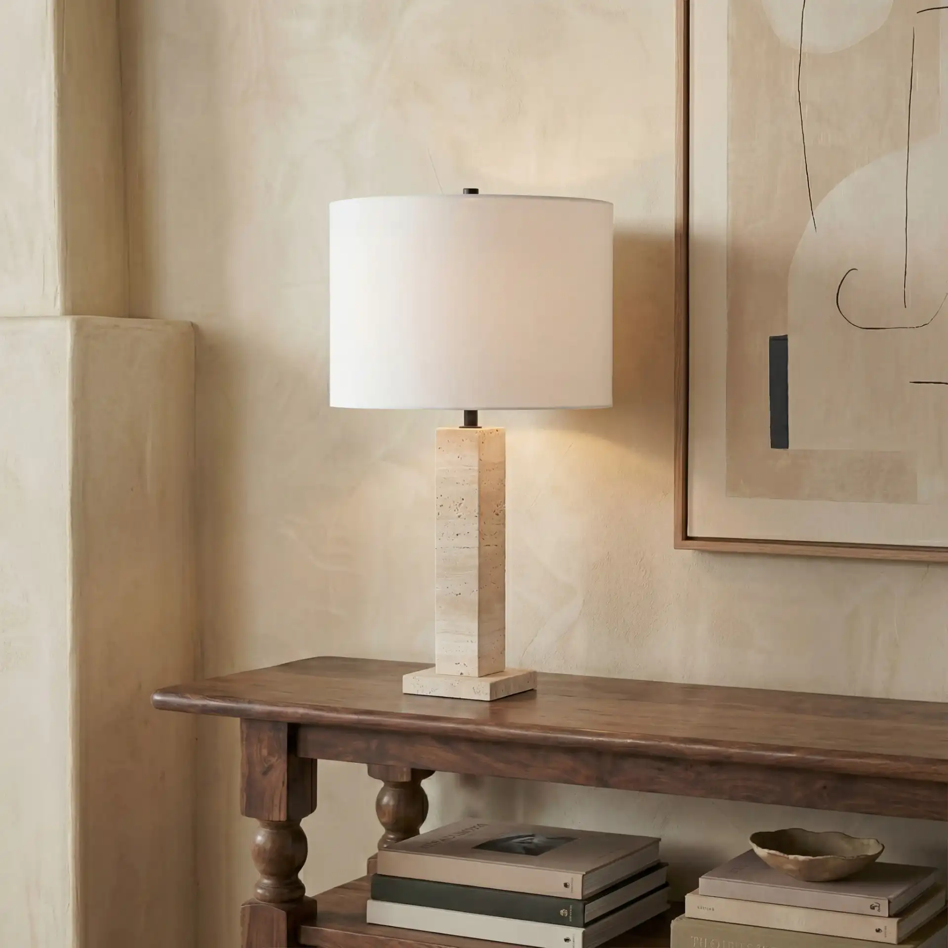 Hannabeth Travertine Table Lamp in Travertine / Black in a styled room