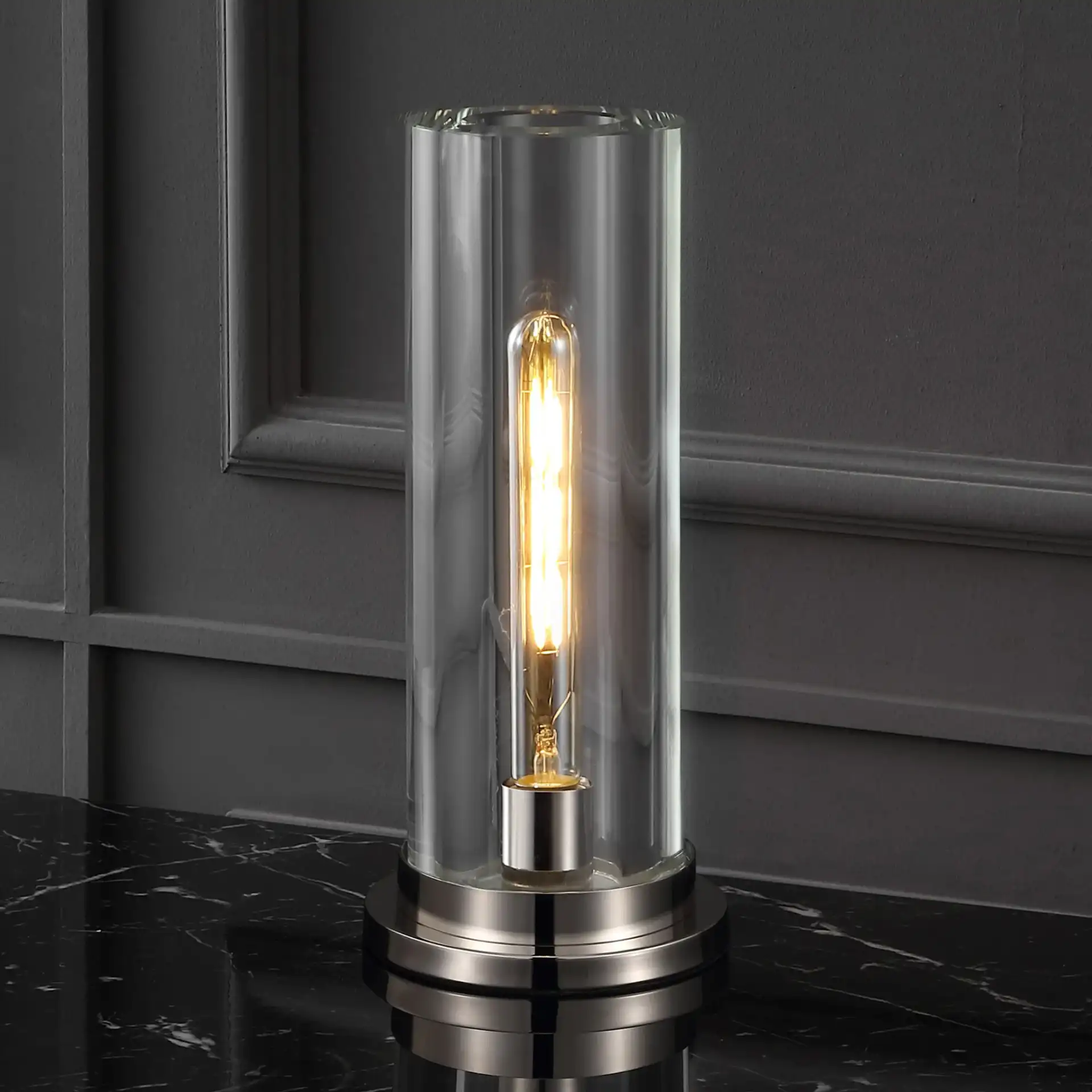 Dellanora Tube Table Lamp in Silver / Clear in a styled room