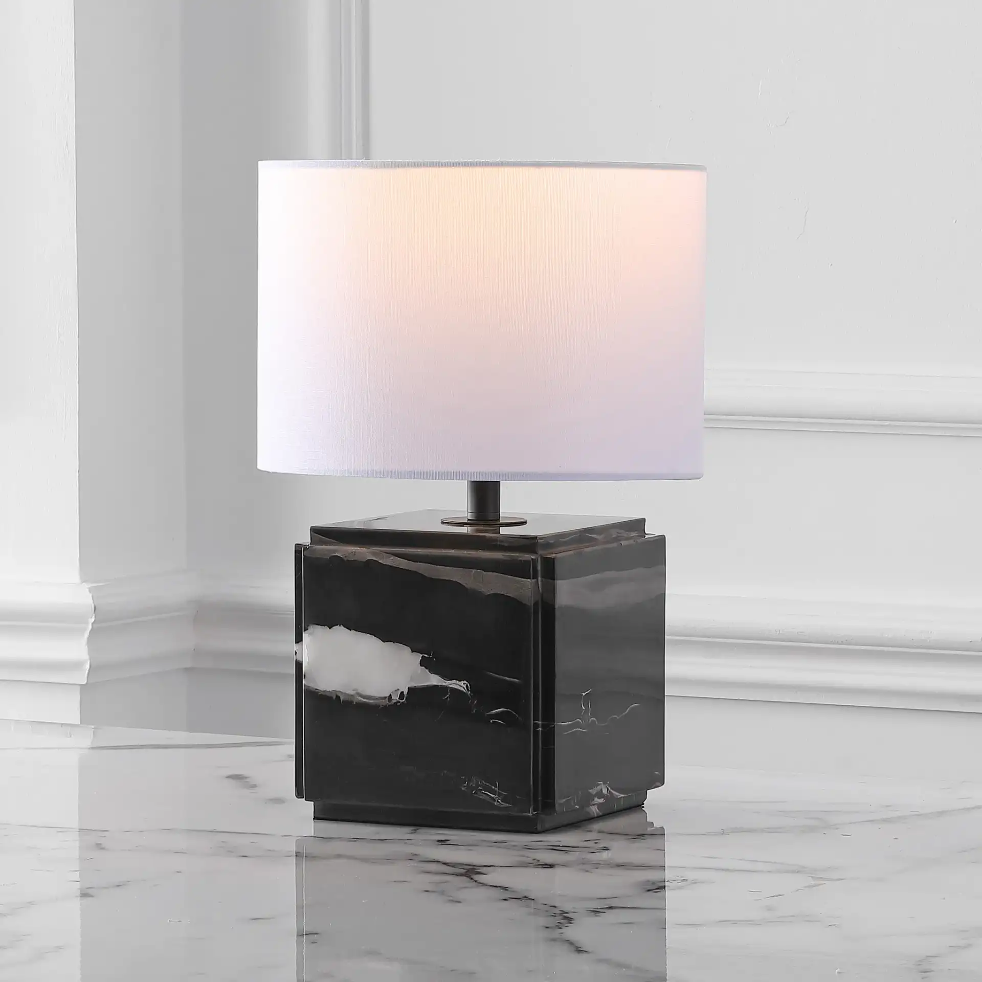 Zahra Marble Table Lamp in Black / White in a styled room