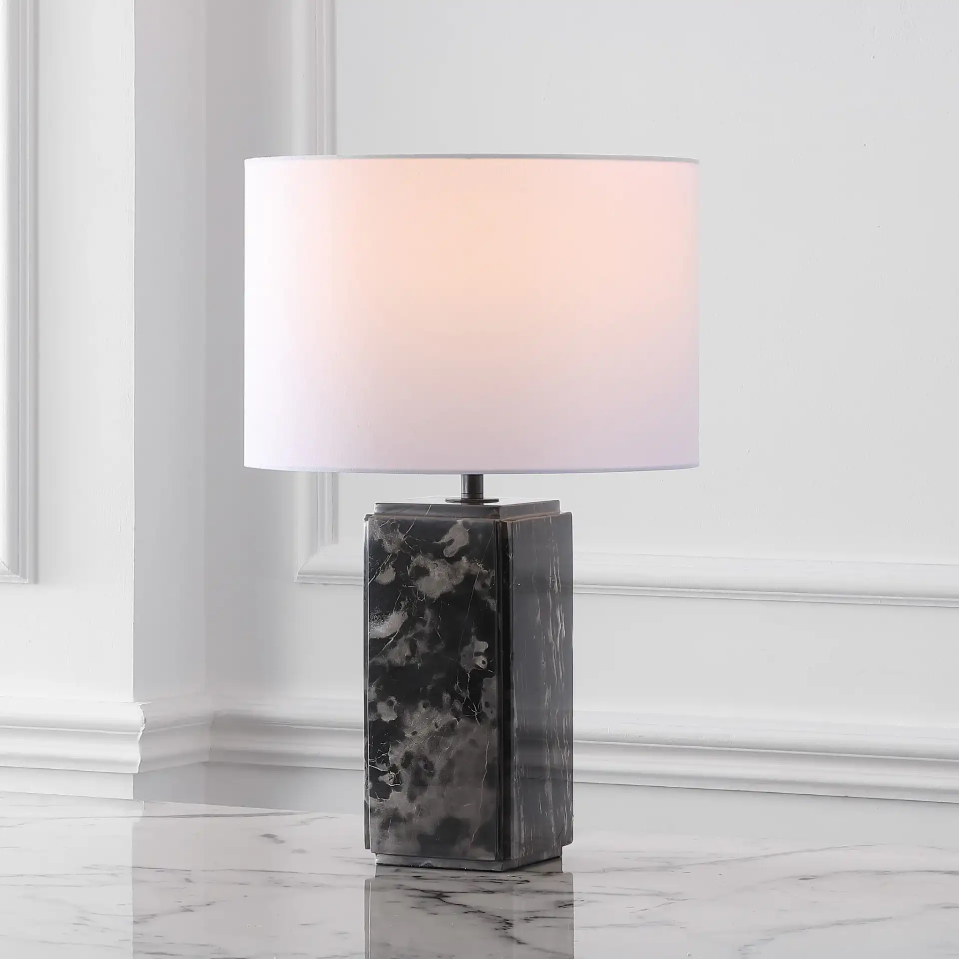 Zahra Marble Tall Table Lamp in Black / White in a styled room
