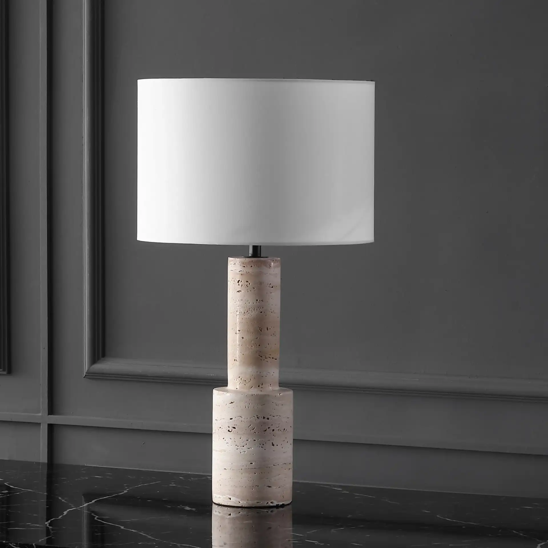 Tywin Travertine Table Lamp in Travertine / White, detail view