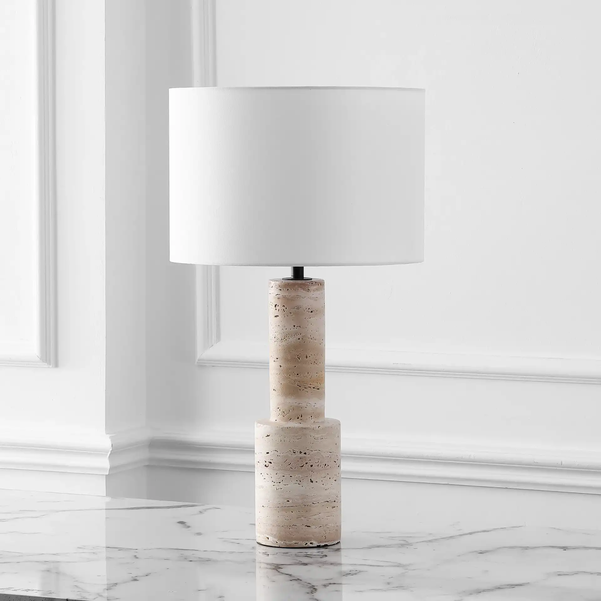 Tywin Travertine Table Lamp in Travertine / White in a styled room