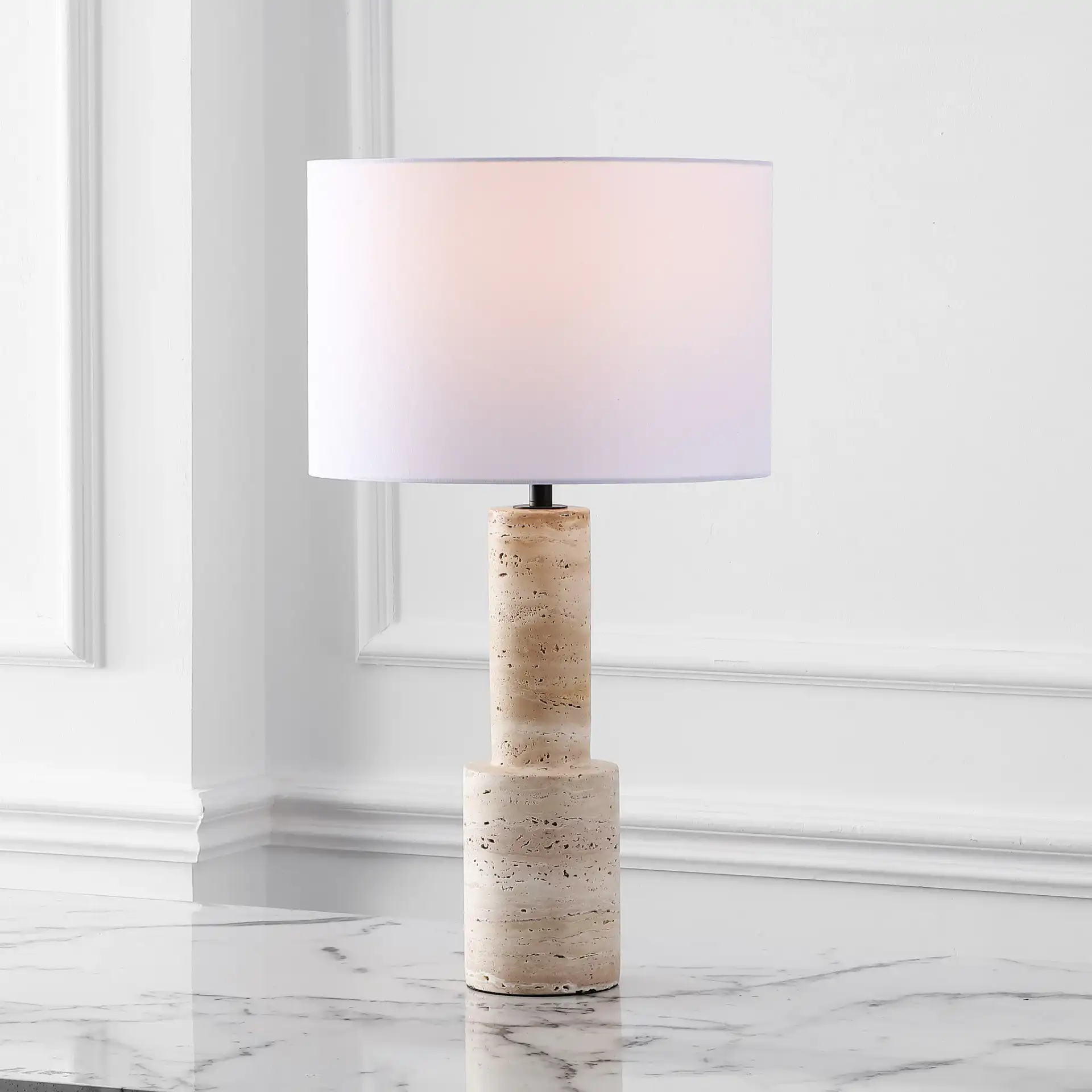 Tywin Travertine Table Lamp in Travertine / White in a styled room