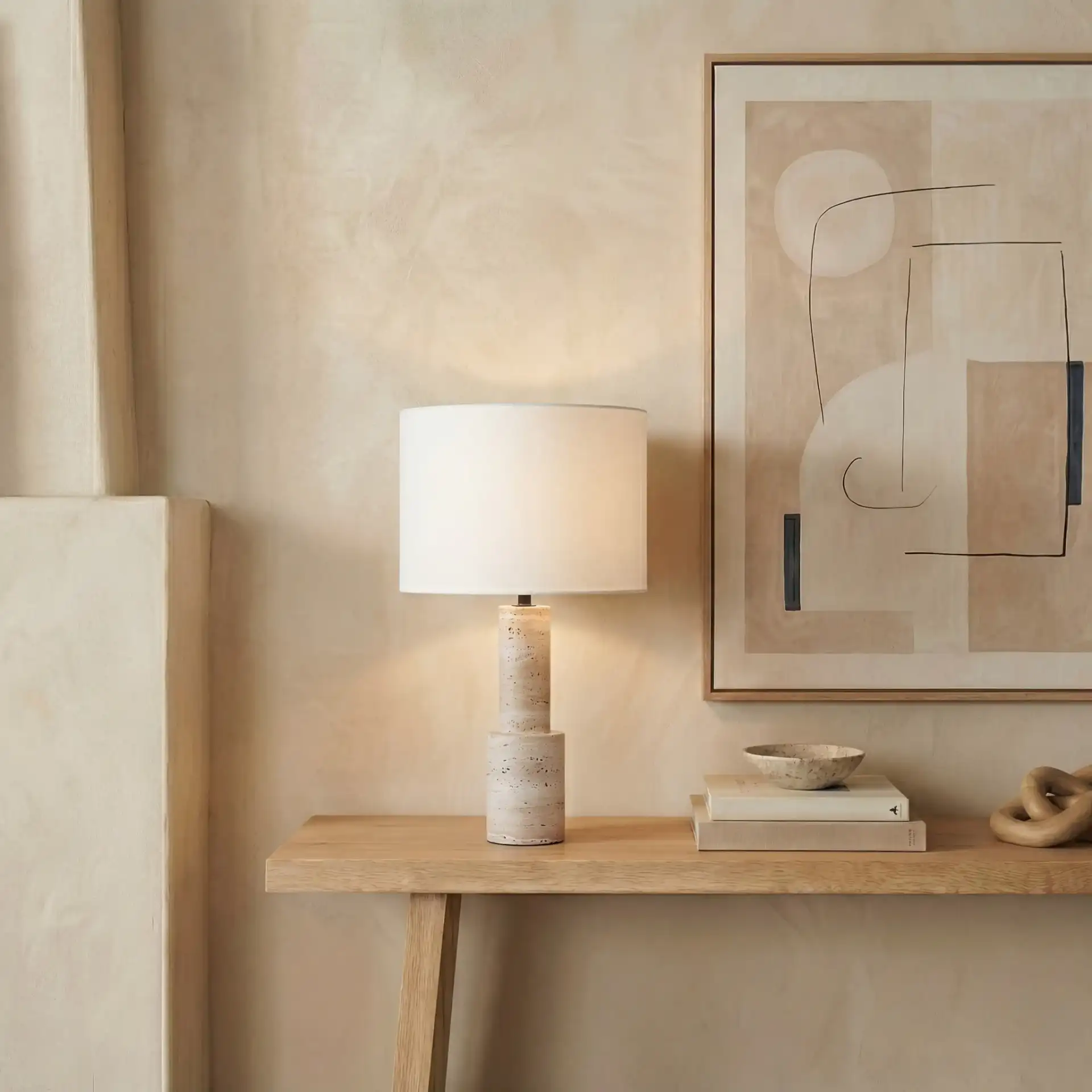 Tywin Travertine Table Lamp in Travertine / White in a styled room