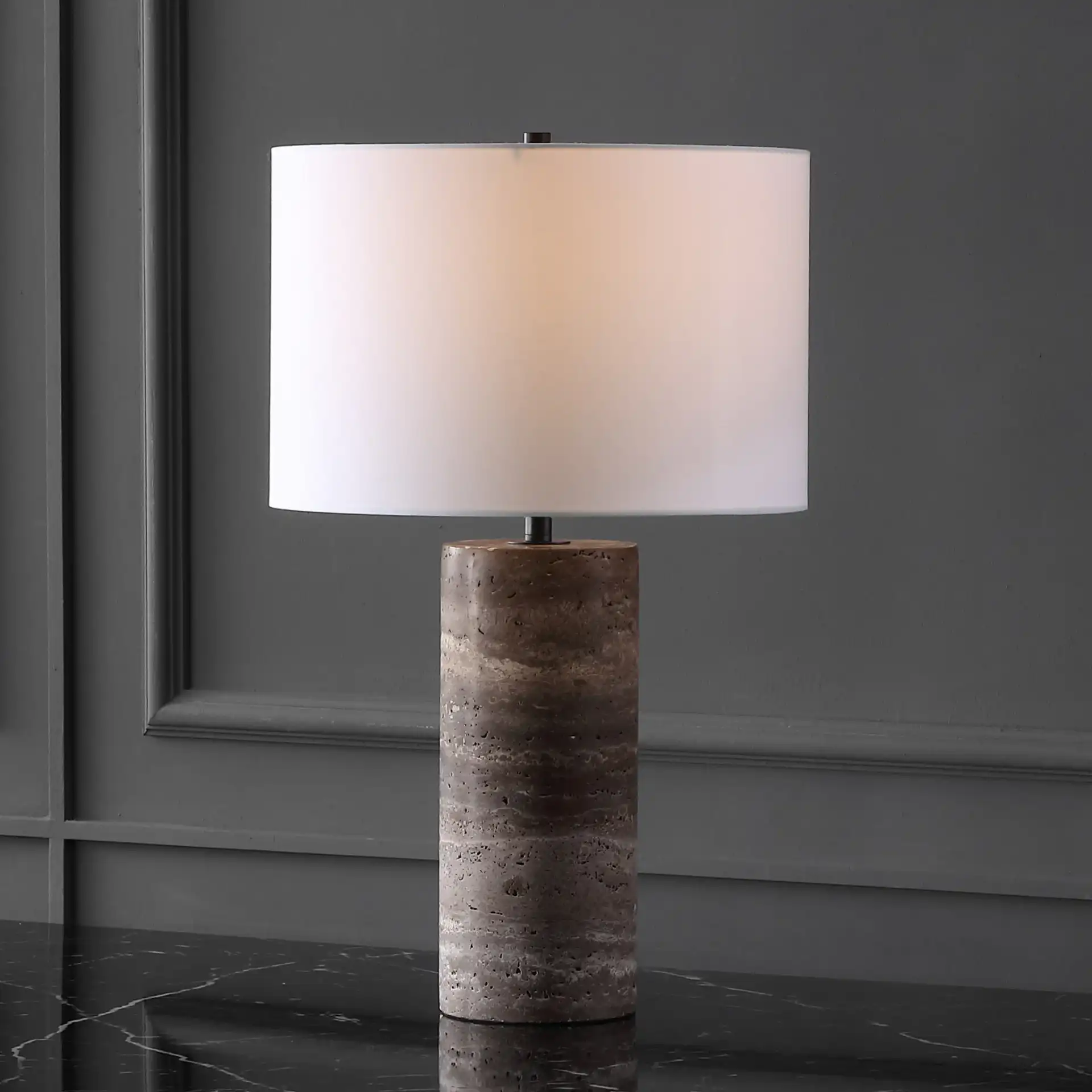 Rynetta Travertine Table Lamp in Dark Brown / White in a styled room