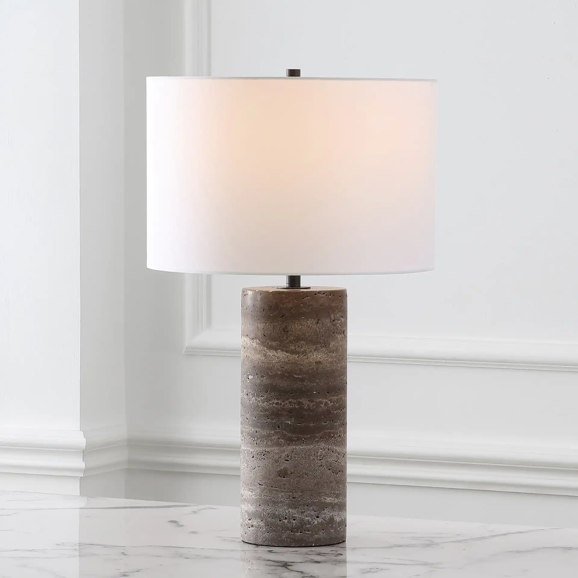Rynetta Travertine Table Lamp in Dark Brown / White in a styled room