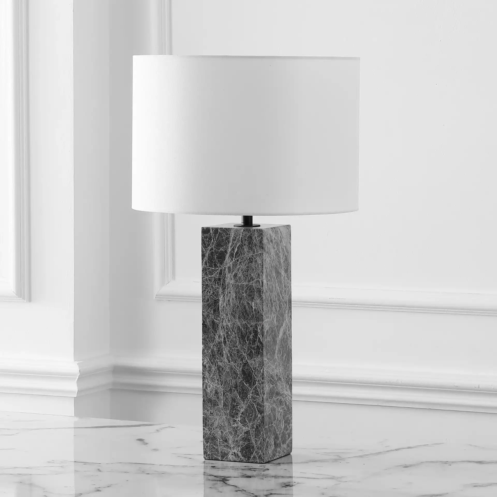 Poloma Square Marble Table Lamp in Gray / White in a styled room