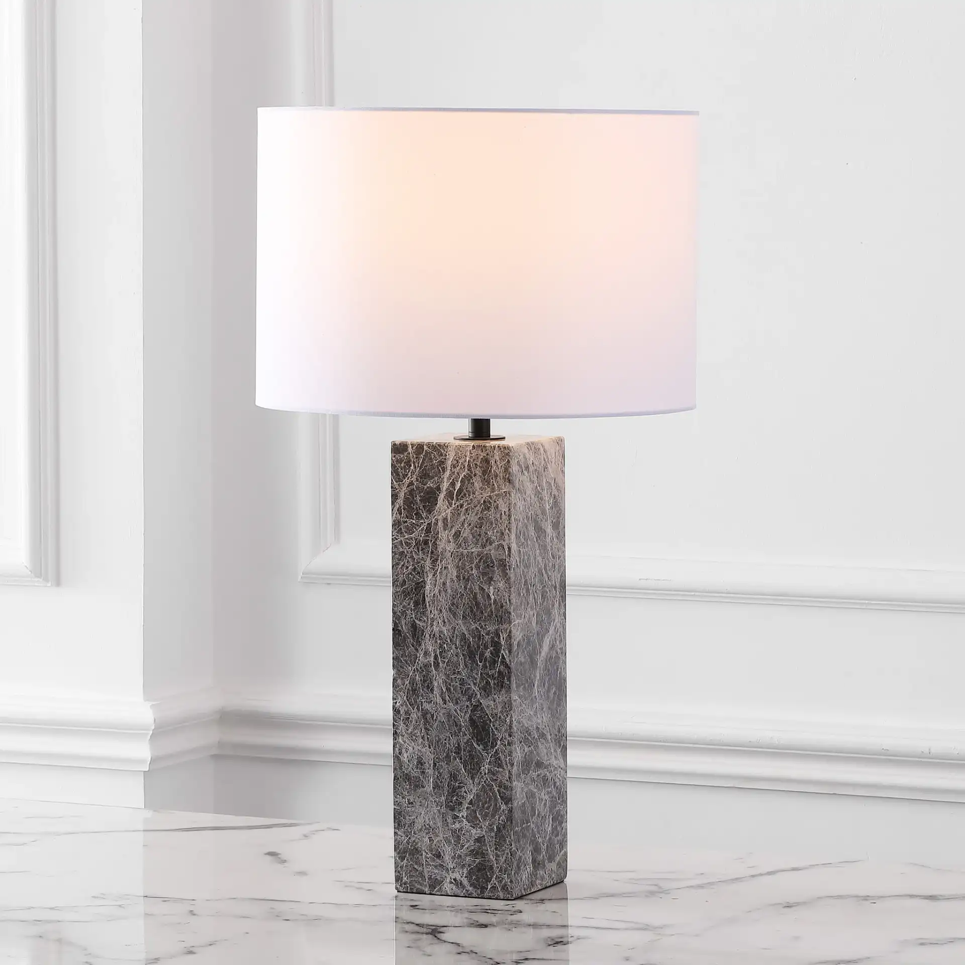 Poloma Square Marble Table Lamp in Gray / White in a styled room