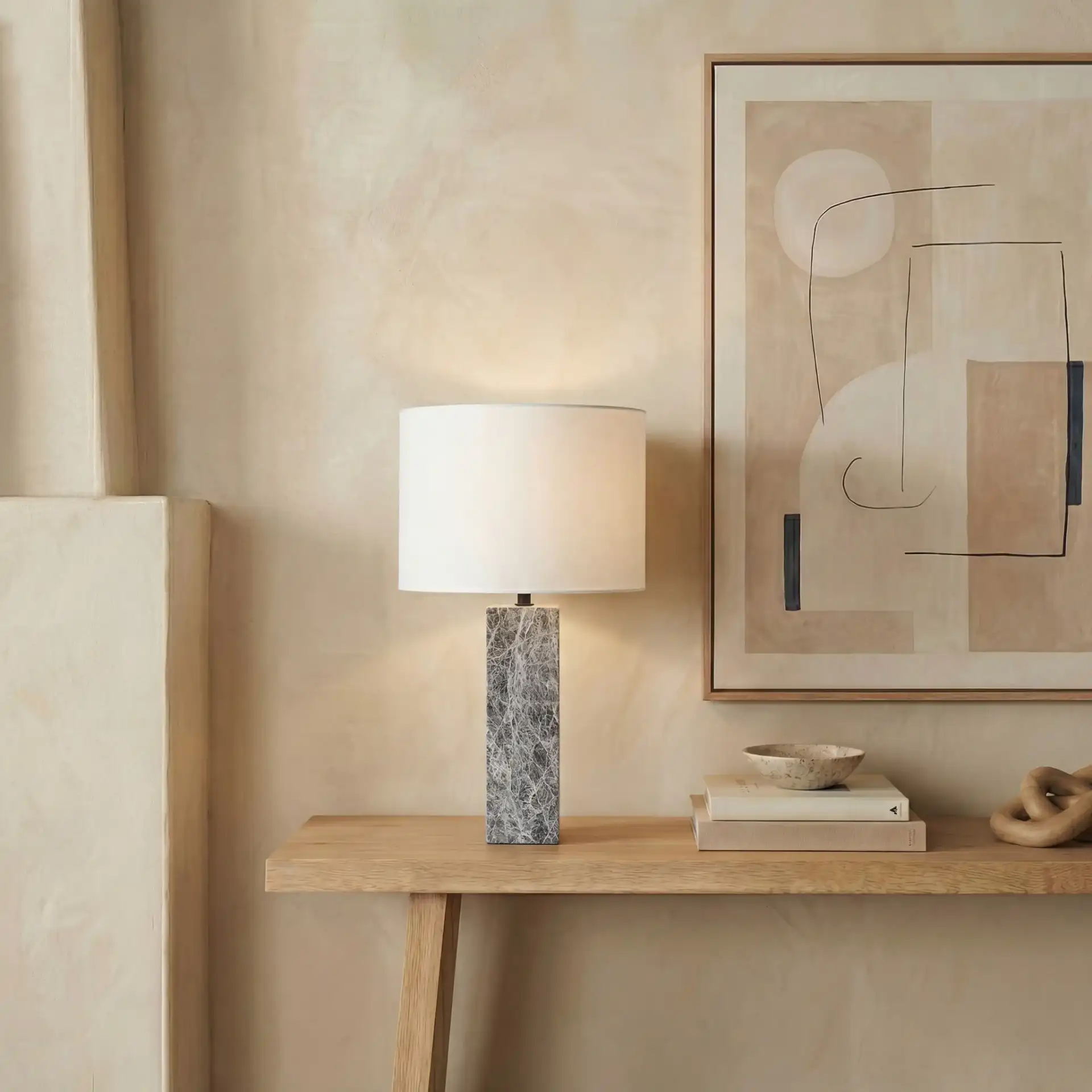 Poloma Square Marble Table Lamp in Gray / White in a styled room