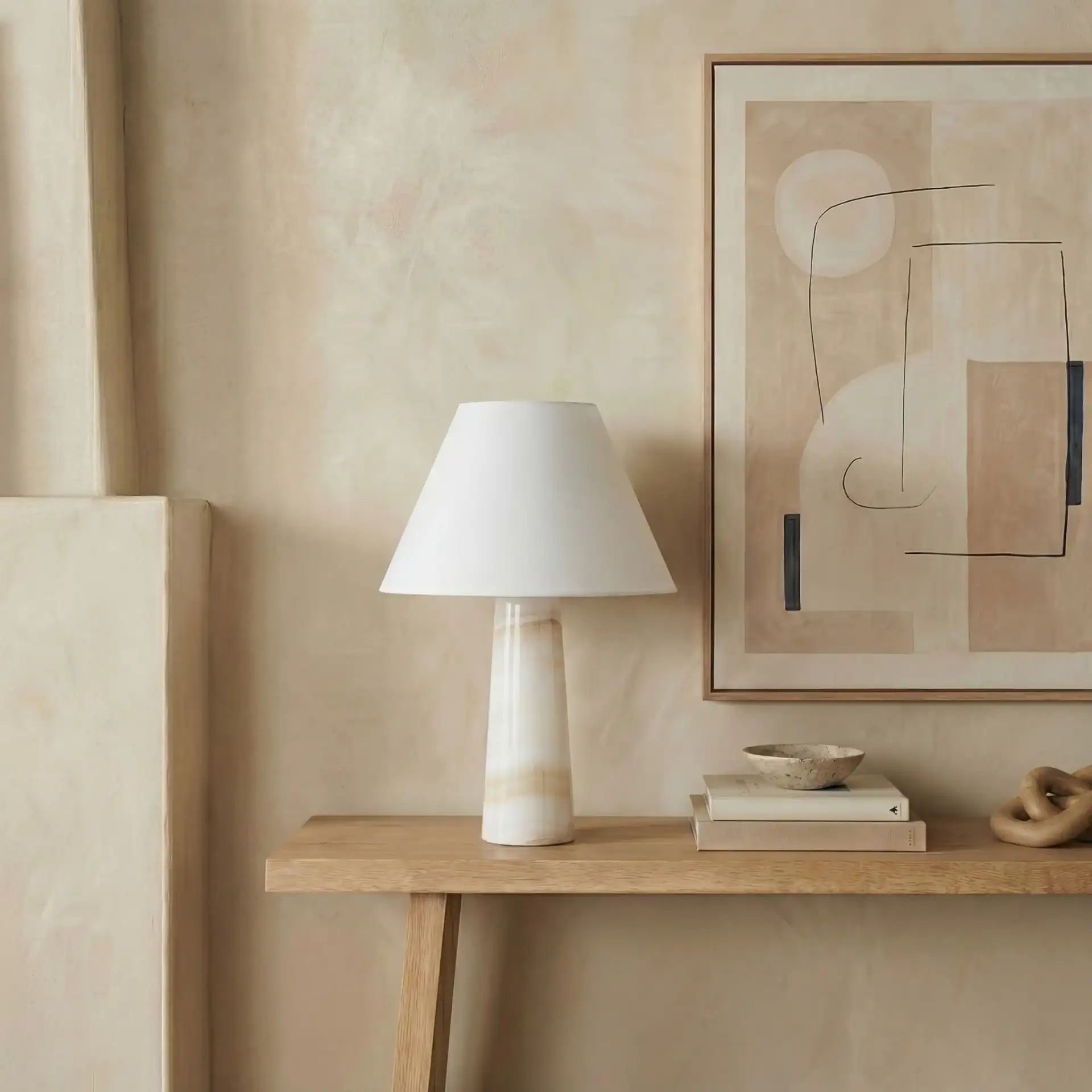 Jennarose Jade Stone Table Lamp in Off-White / White in a styled room
