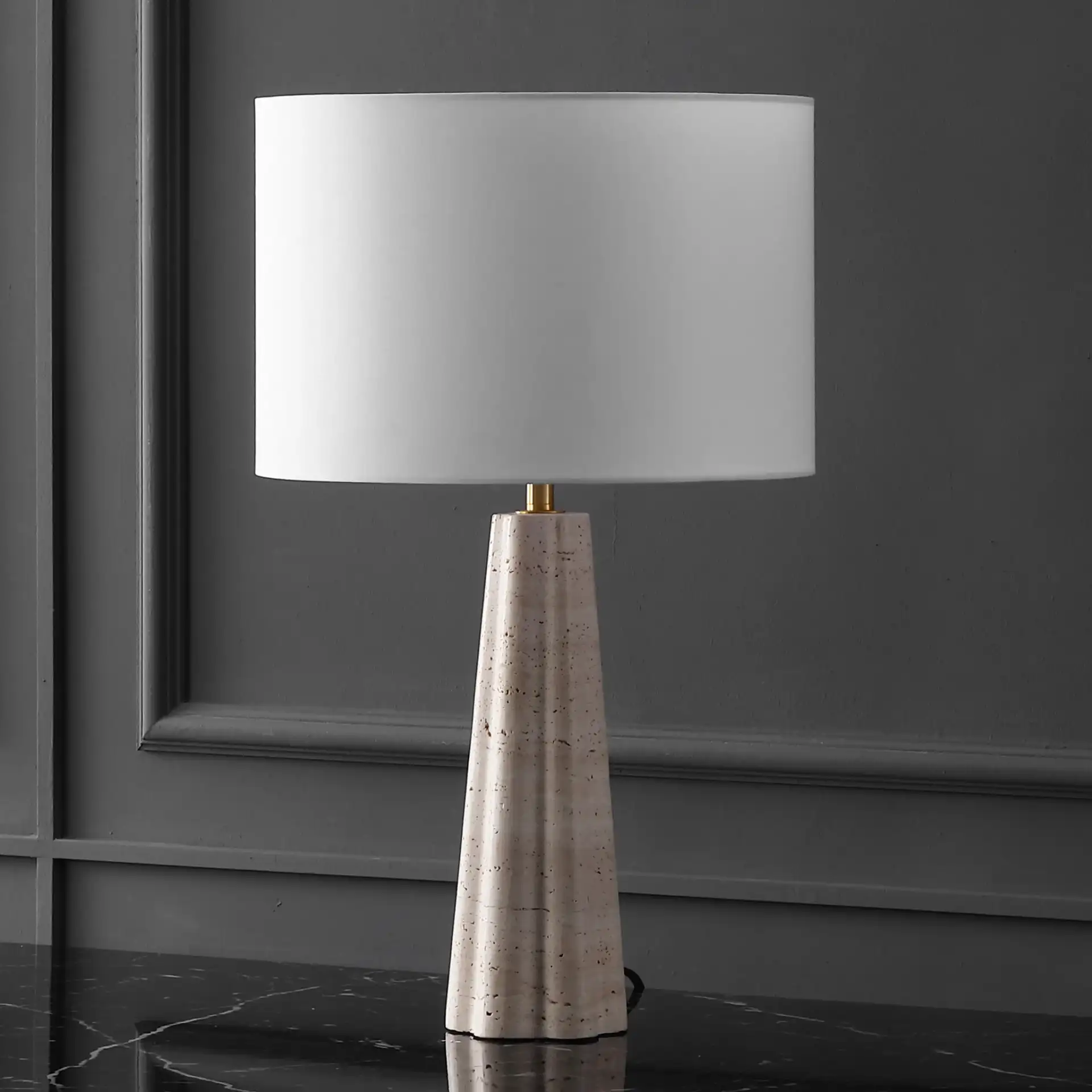 Naveen Travertine Table Lamp in Travertine / White, detail view
