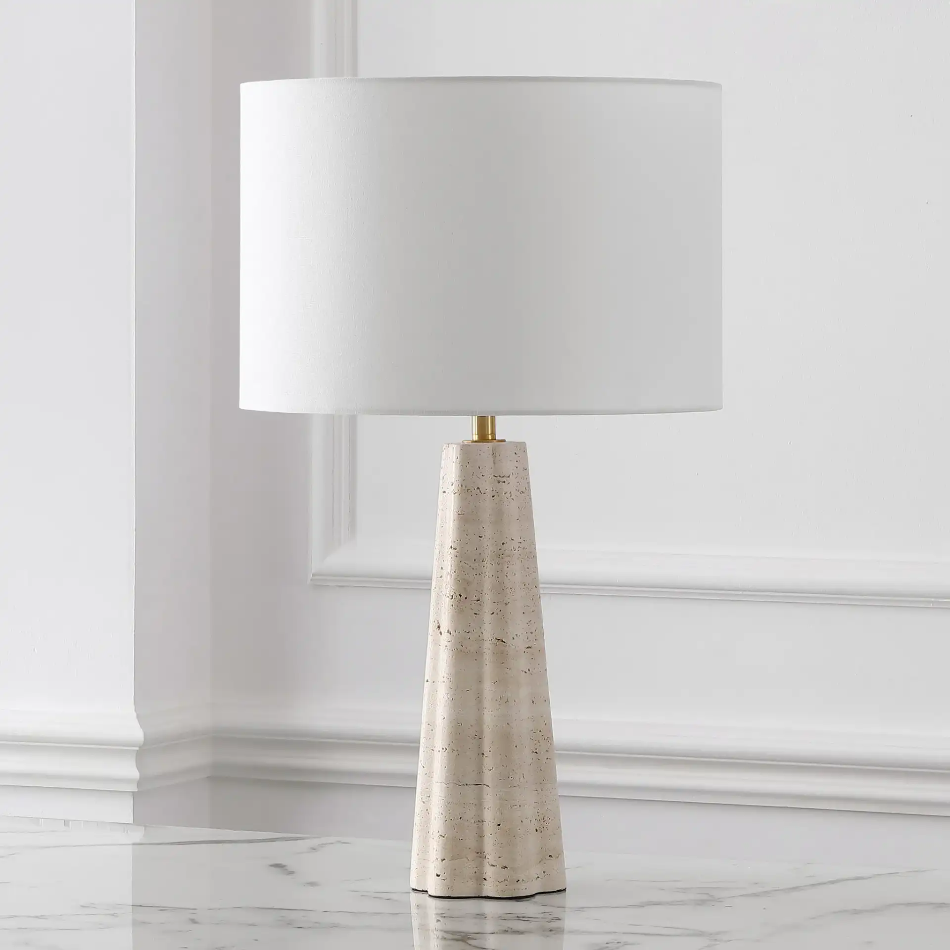 Naveen Travertine Table Lamp in Travertine / White in a styled room