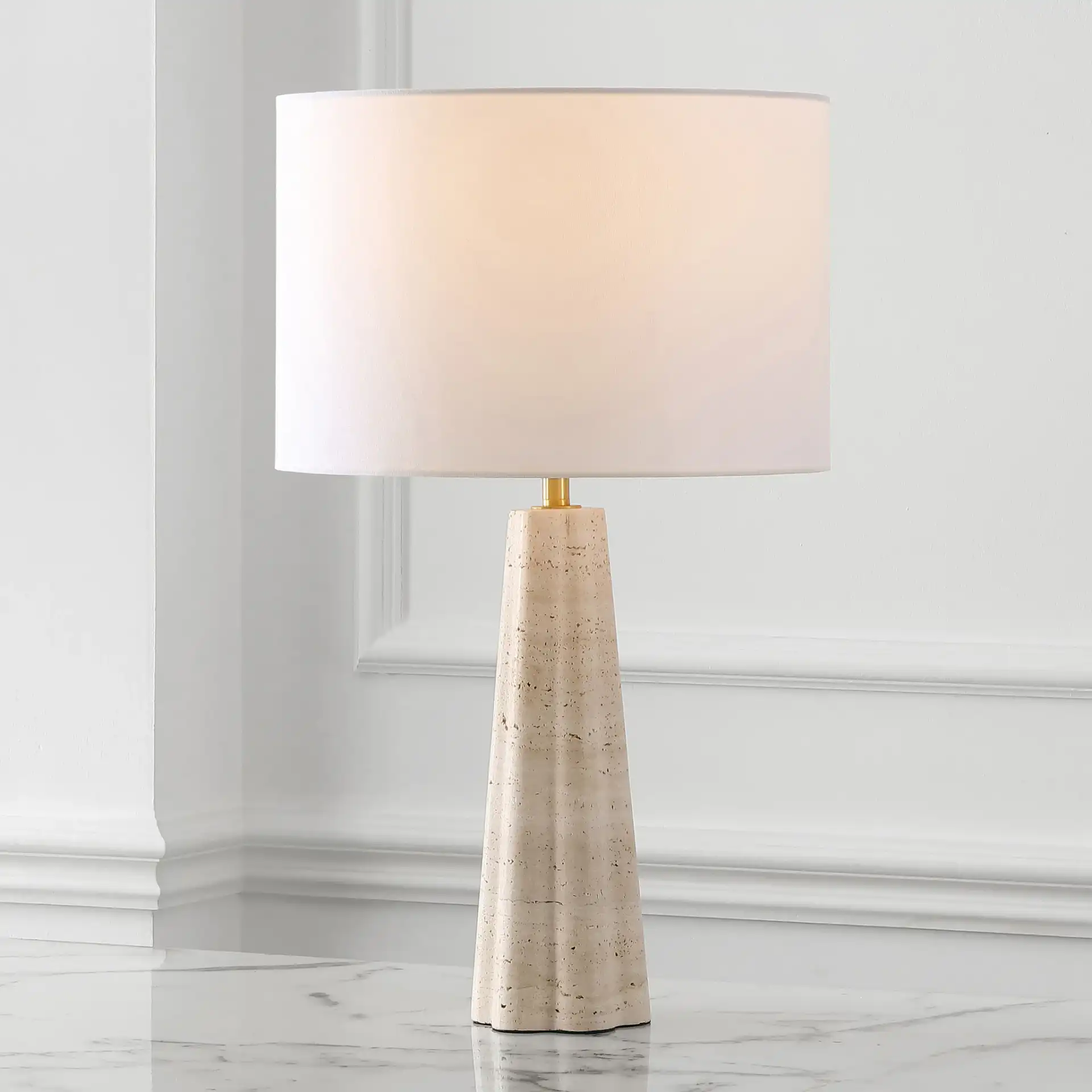 Naveen Travertine Table Lamp in Travertine / White in a styled room
