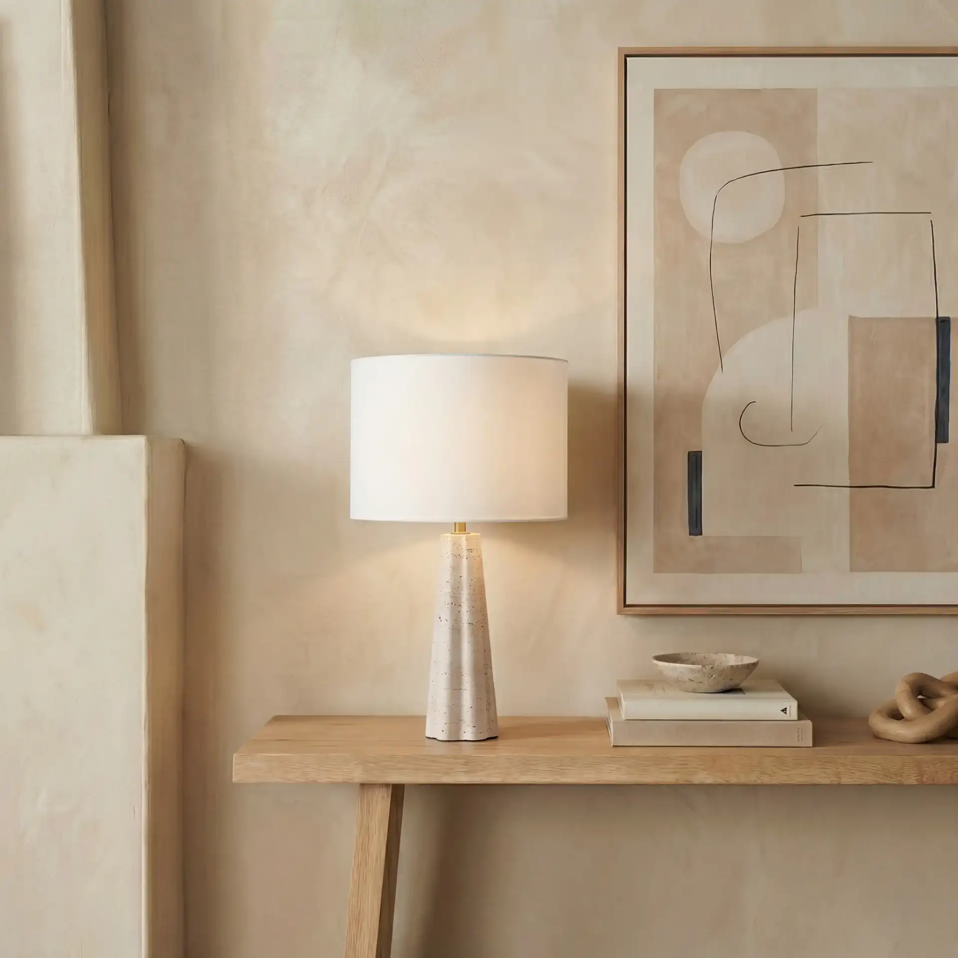 Naveen Travertine Table Lamp in Travertine / White in a styled room