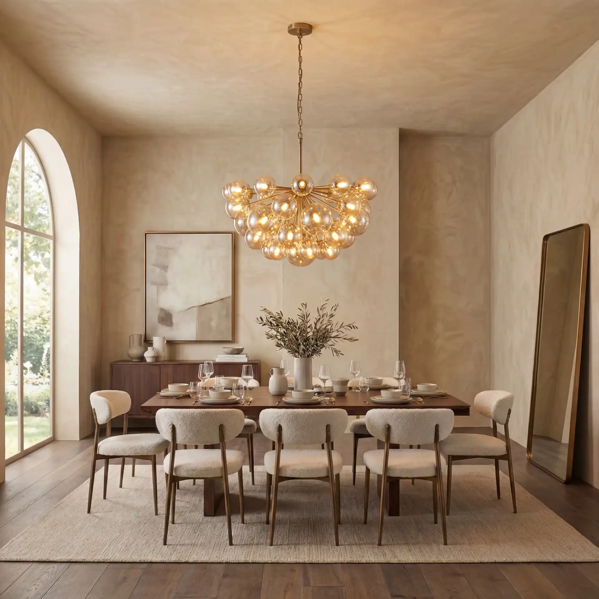 Raphaela Glass Globe Chandelier in Gold / White in a styled room