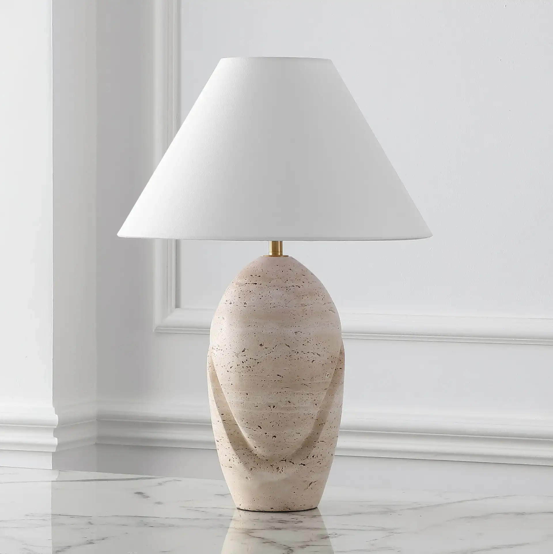 Janette Travertine Table Lamp in Travertine / White in a styled room