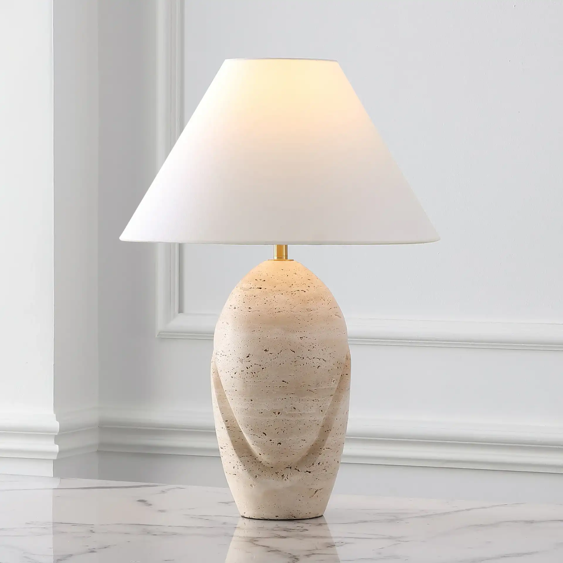 Janette Travertine Table Lamp in Travertine / White in a styled room