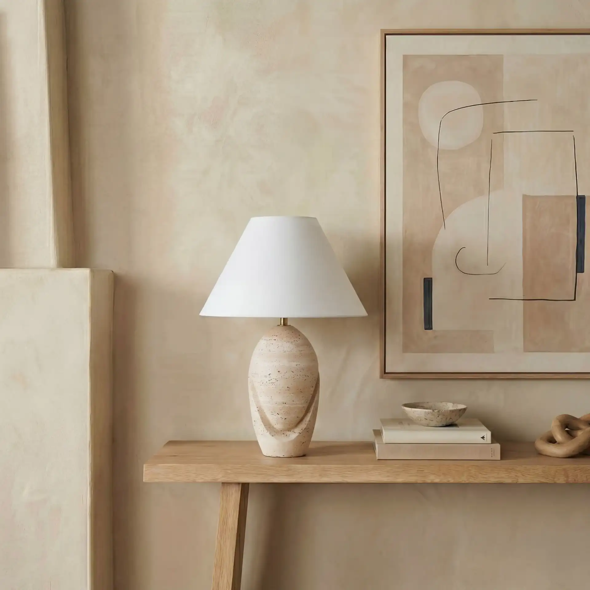 Janette Travertine Table Lamp in Travertine / White in a styled room