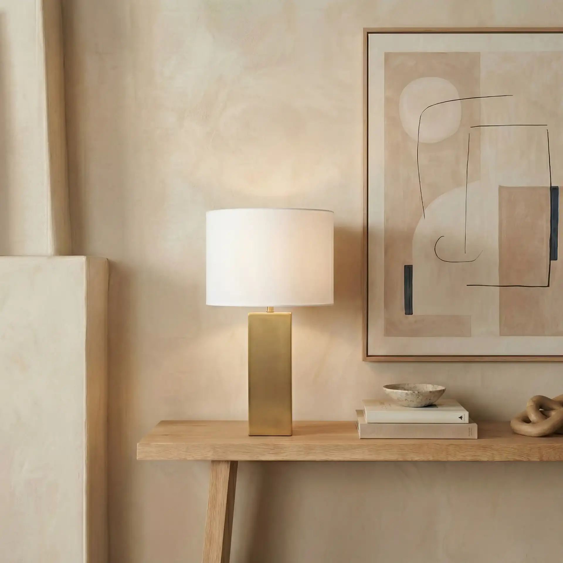 Hank Metal Square Table Lamp in Gold / White in a styled room
