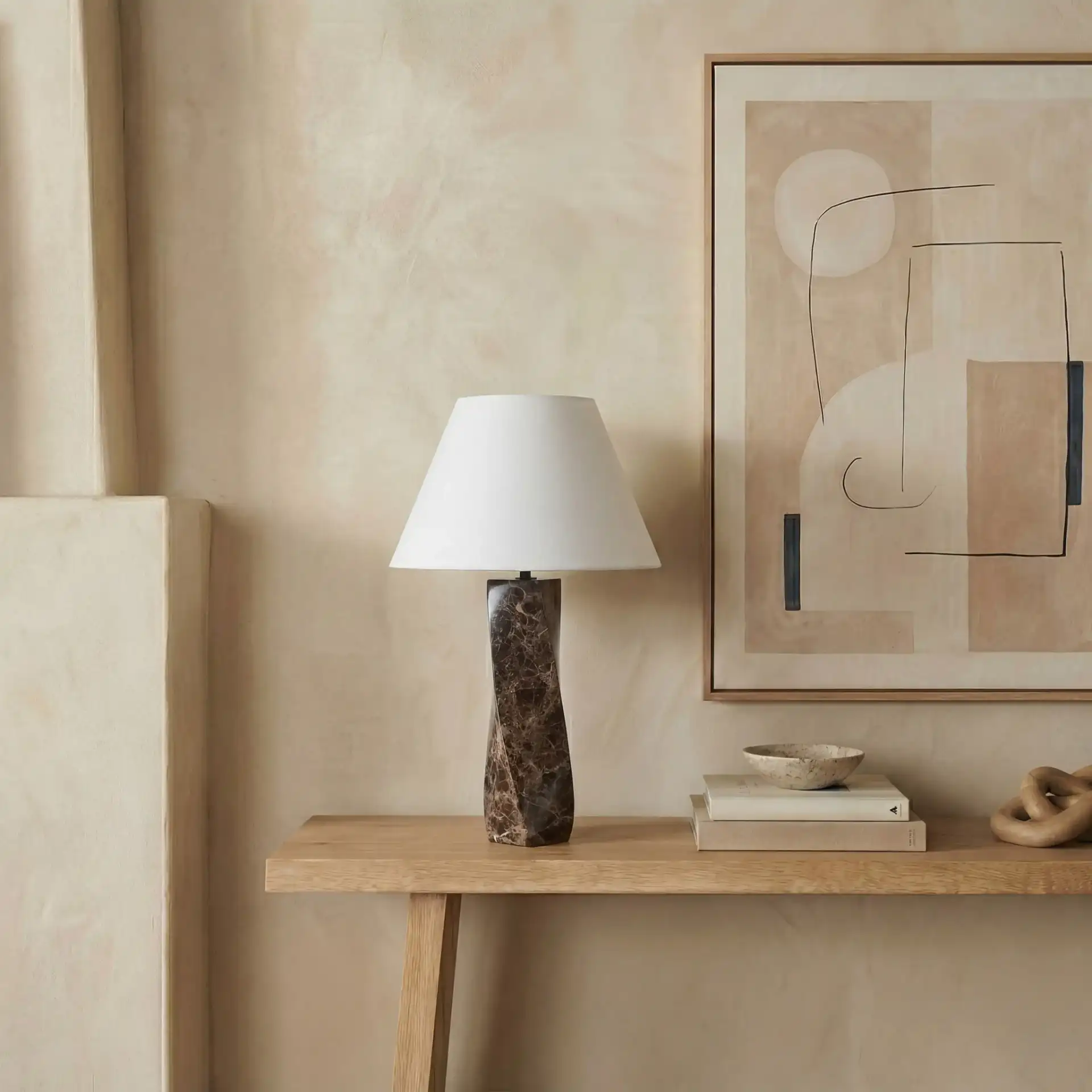 Mayalenn Large Marble Table Lamp in Dark Brown / White in a styled room