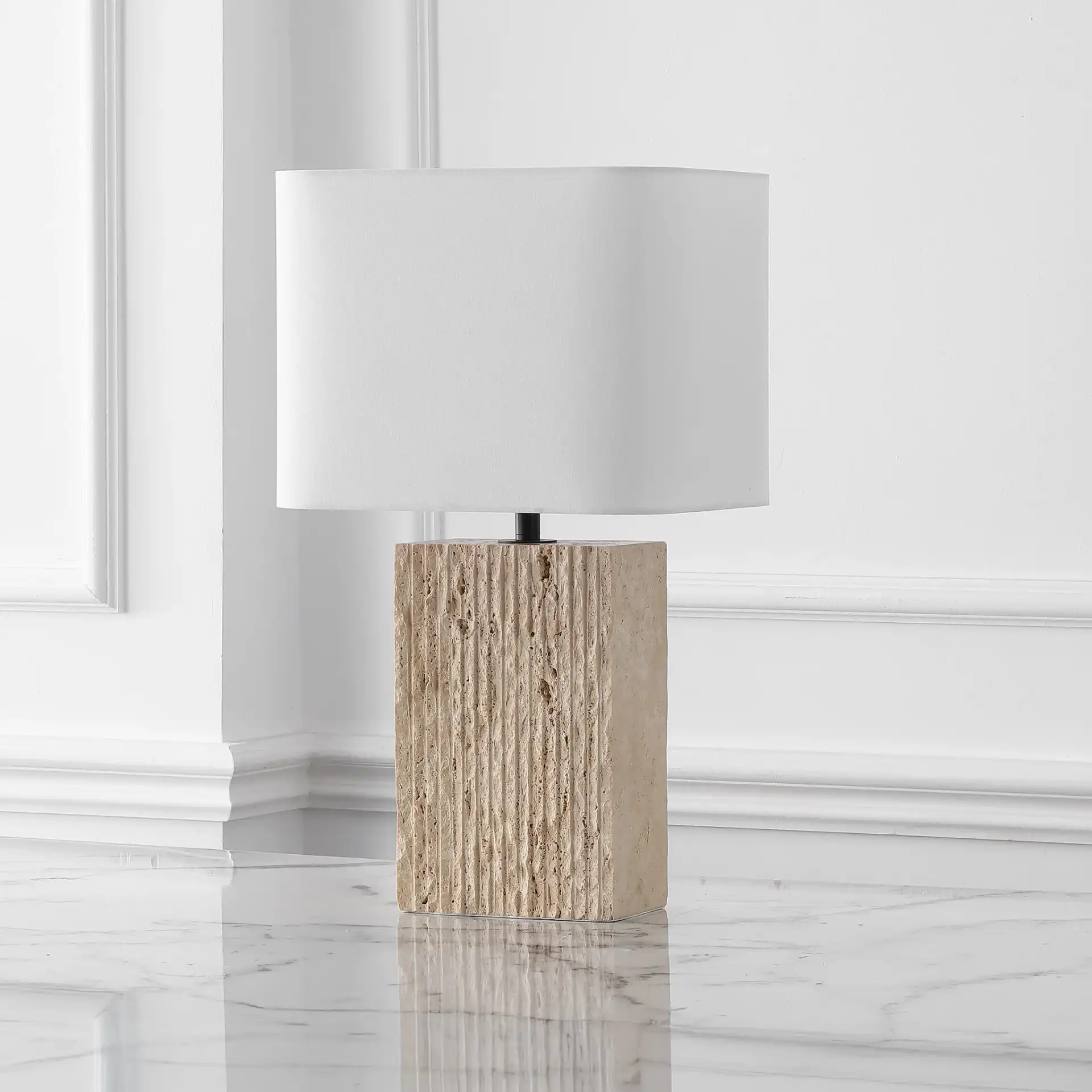 Henry Travertine Table Lamp in Travertine / White in a styled room