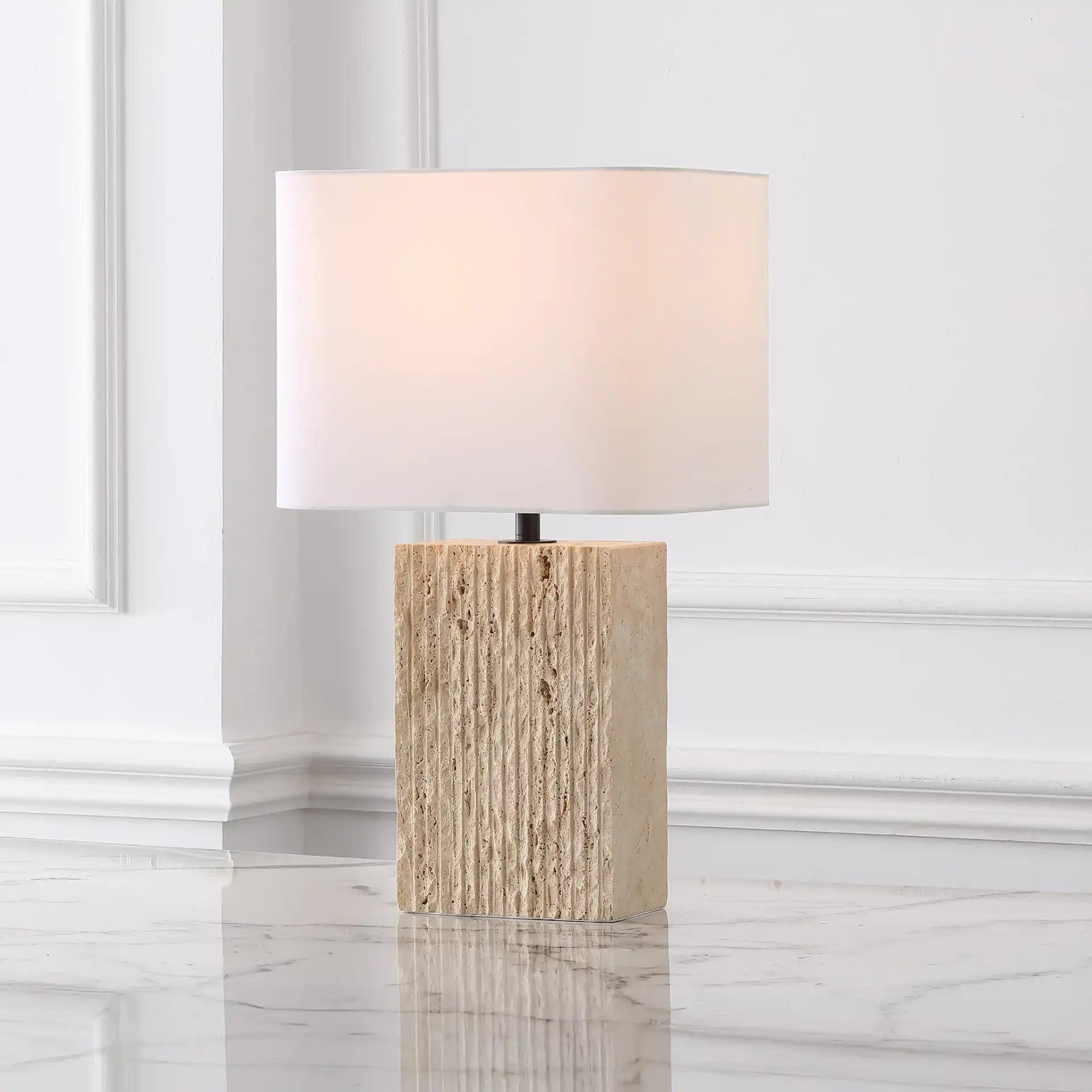 Henry Travertine Table Lamp in Travertine / White in a styled room