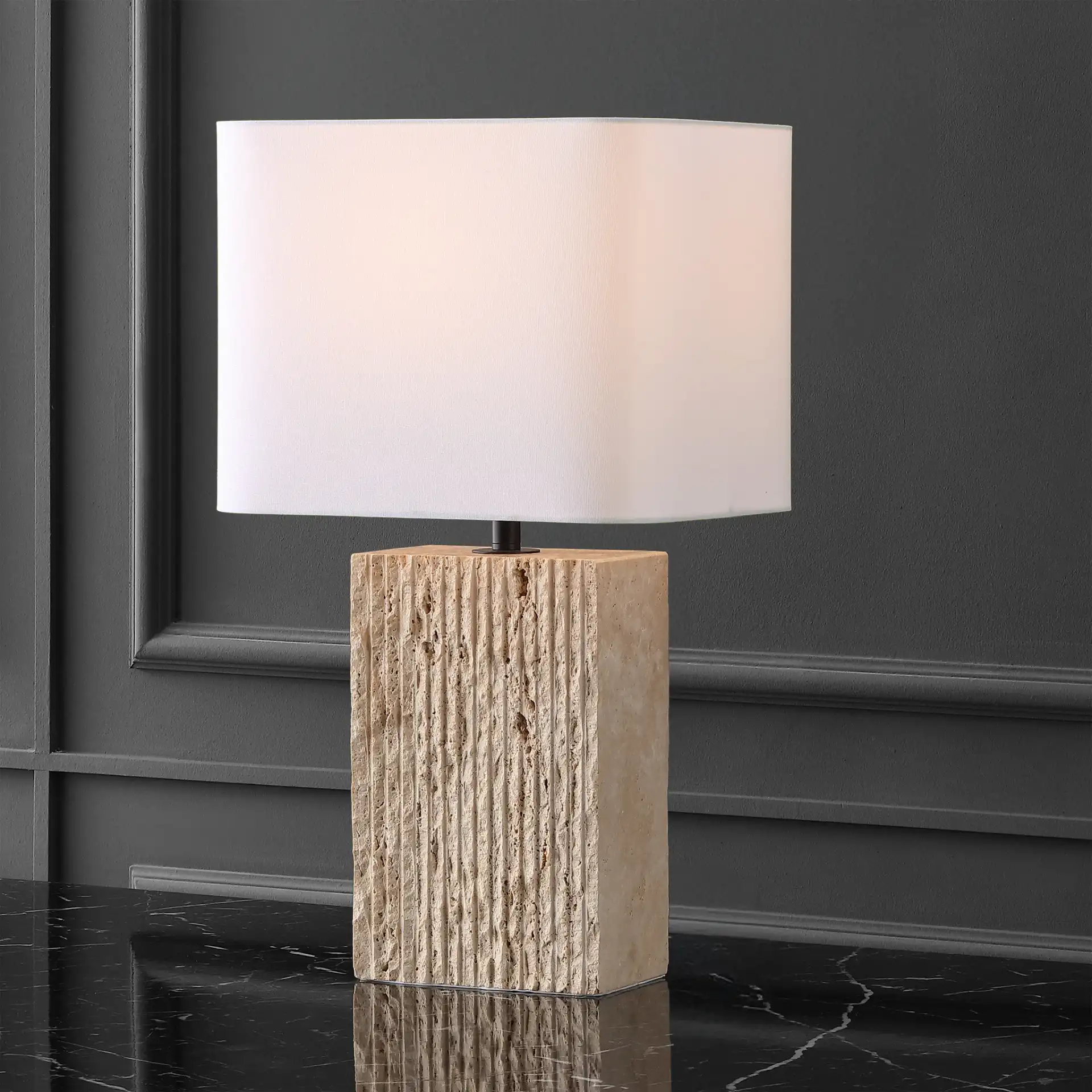 Henry Travertine Table Lamp in Travertine / White in a styled room
