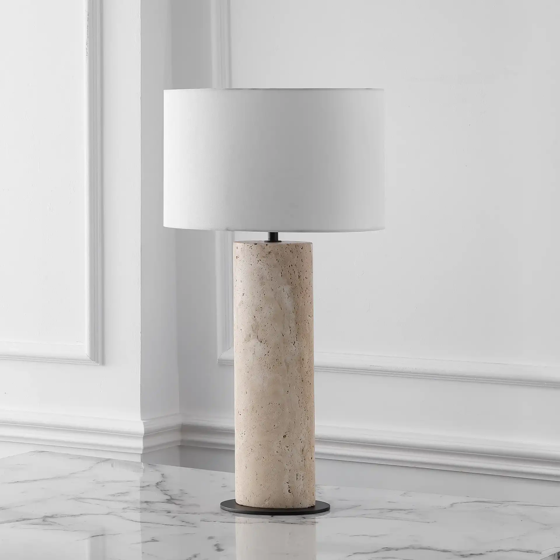 Jillianna Travertine Table Lamp in Travertine / White in a styled room