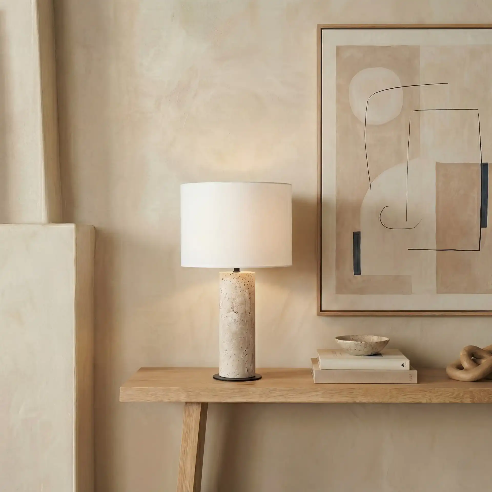 Jillianna Travertine Table Lamp in Travertine / White in a styled room