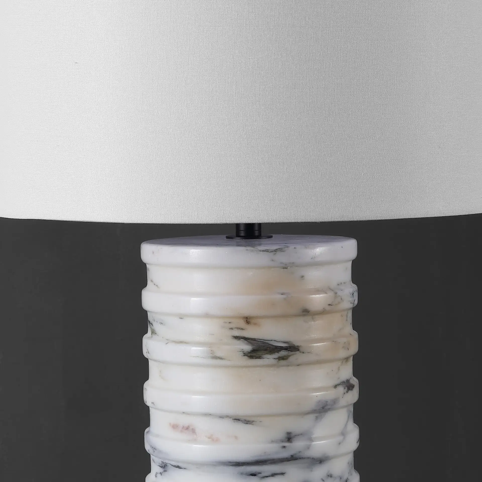 Gizelle Round Marble Table Lamp in White / Gray in a styled room