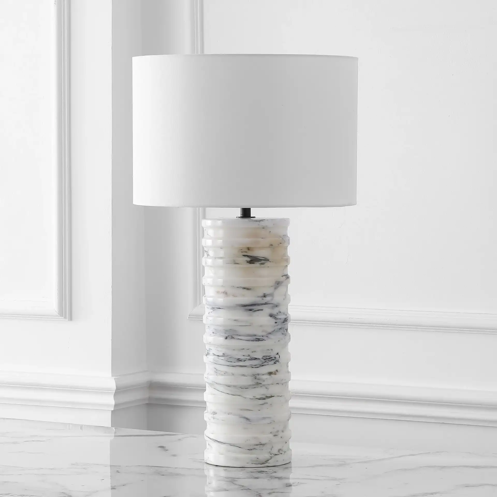 Gizelle Round Marble Table Lamp in White / Gray in a styled room