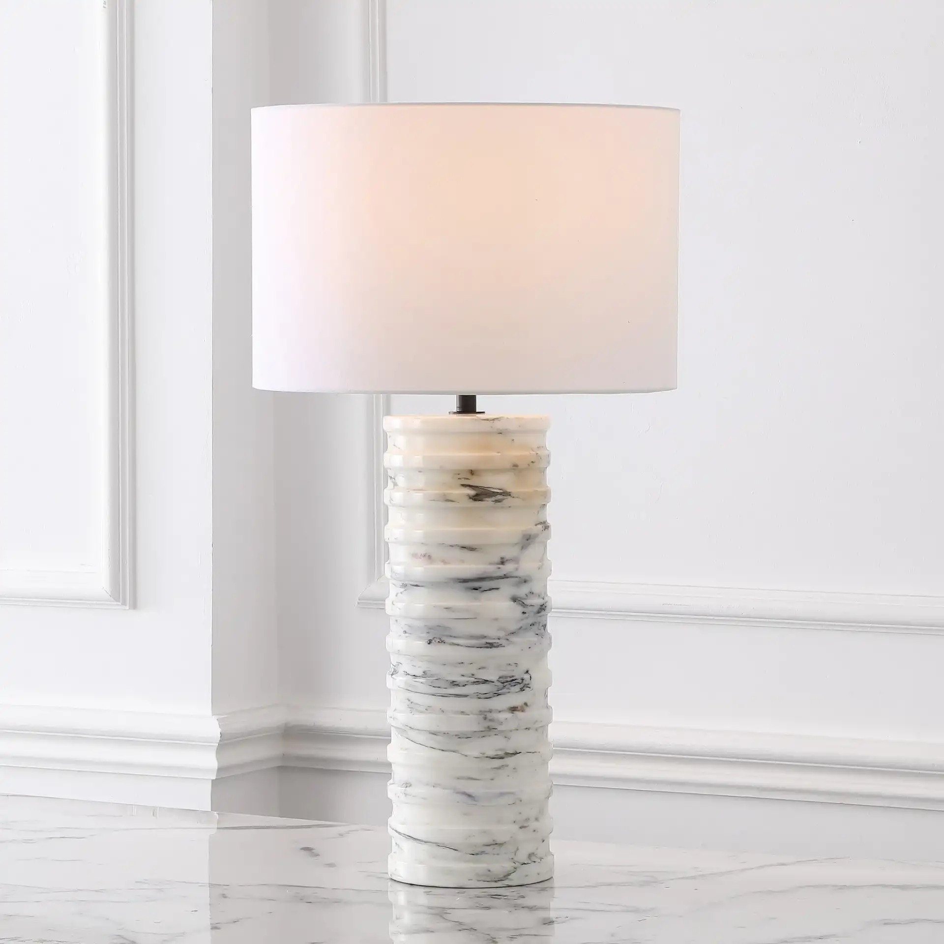Gizelle Round Marble Table Lamp in White / Gray in a styled room