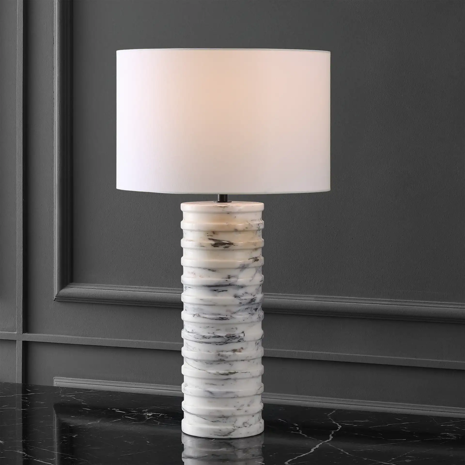 Gizelle Round Marble Table Lamp in White / Gray in a styled room