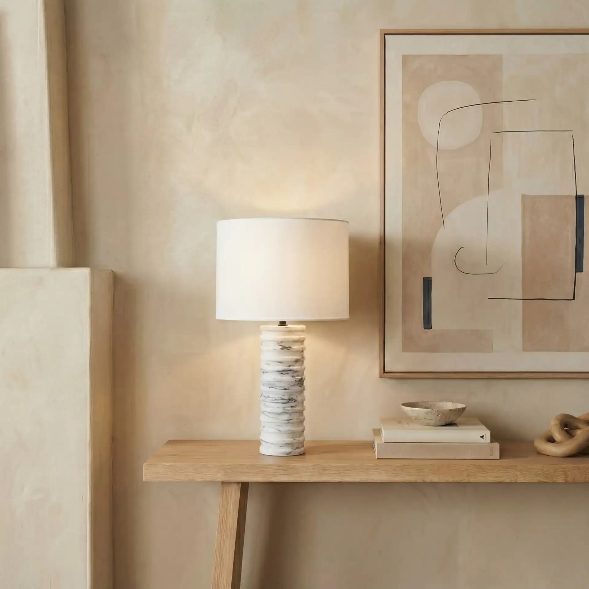 Gizelle Round Marble Table Lamp in White / Gray in a styled room
