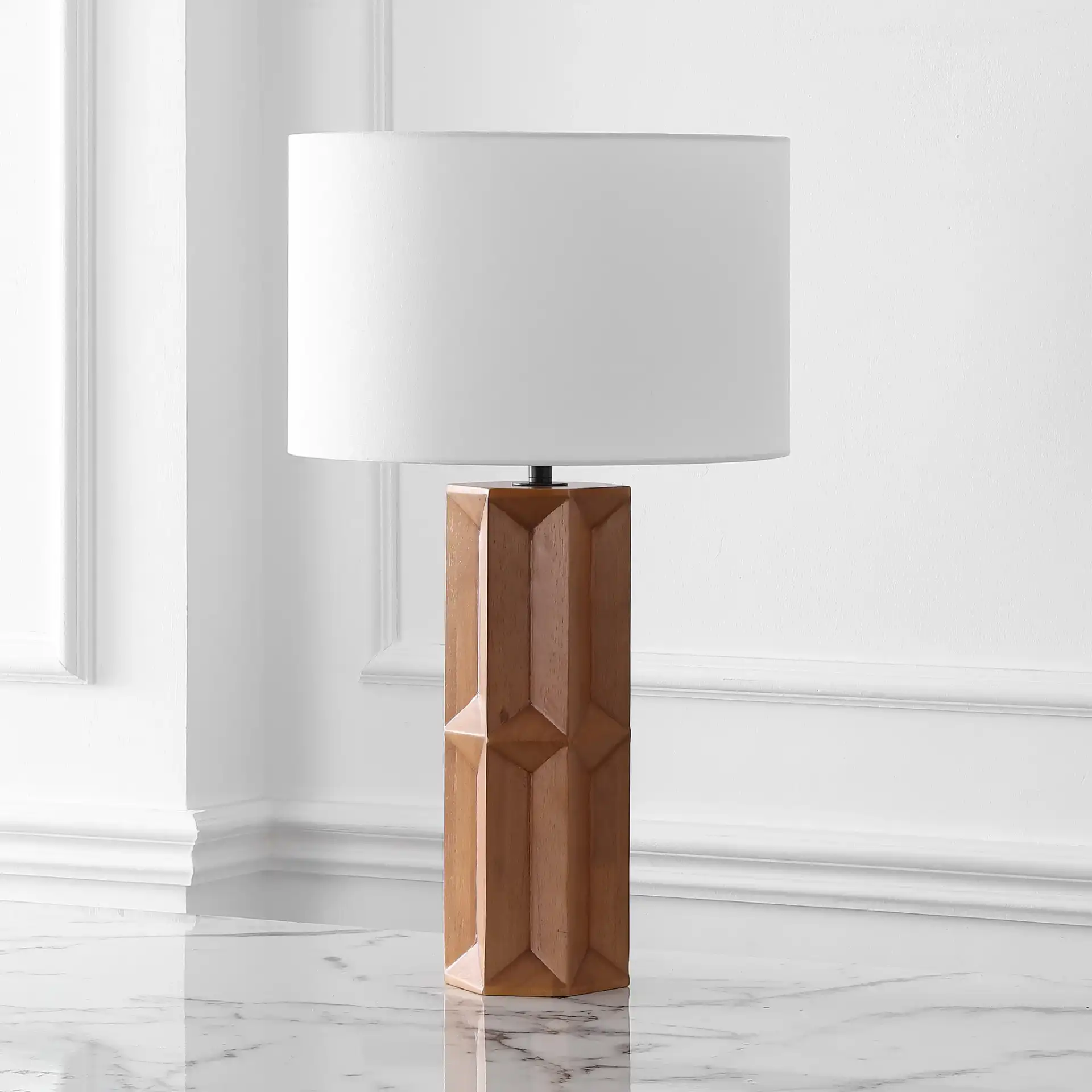 Ferdinand Wood Table Lamp in Walnut / White in a styled room