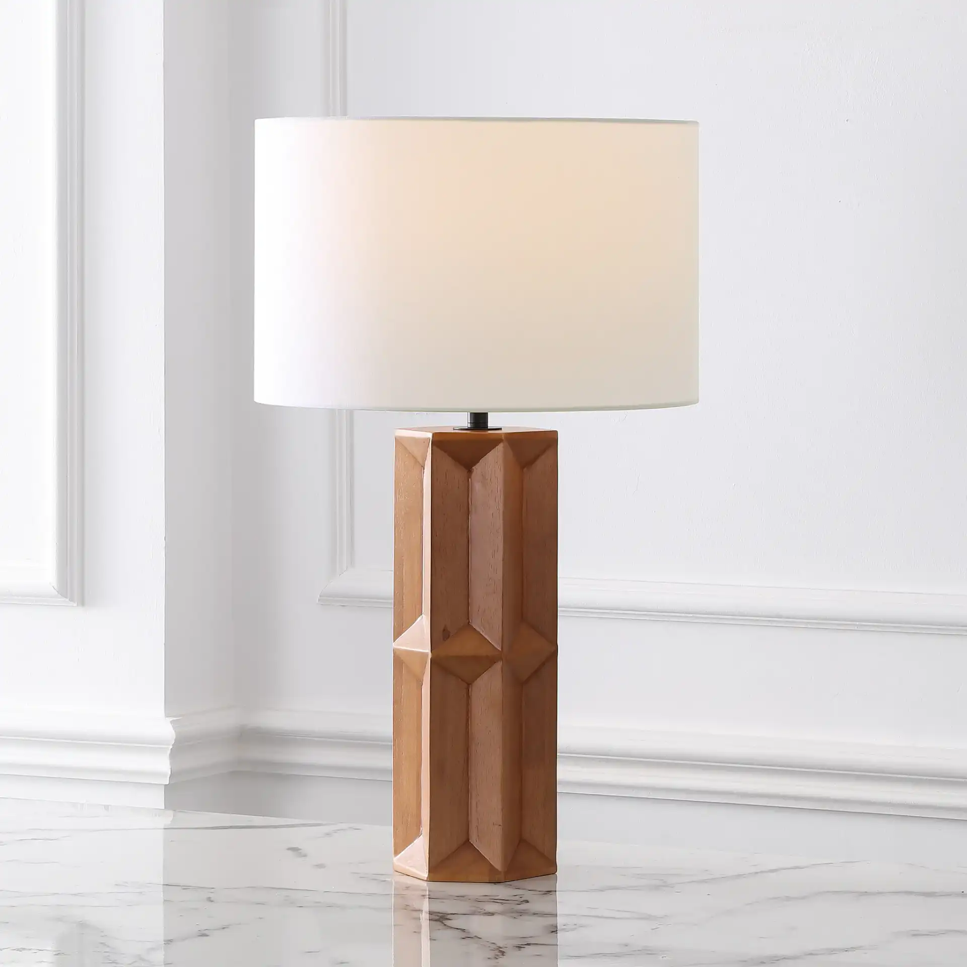 Ferdinand Wood Table Lamp in Walnut / White in a styled room