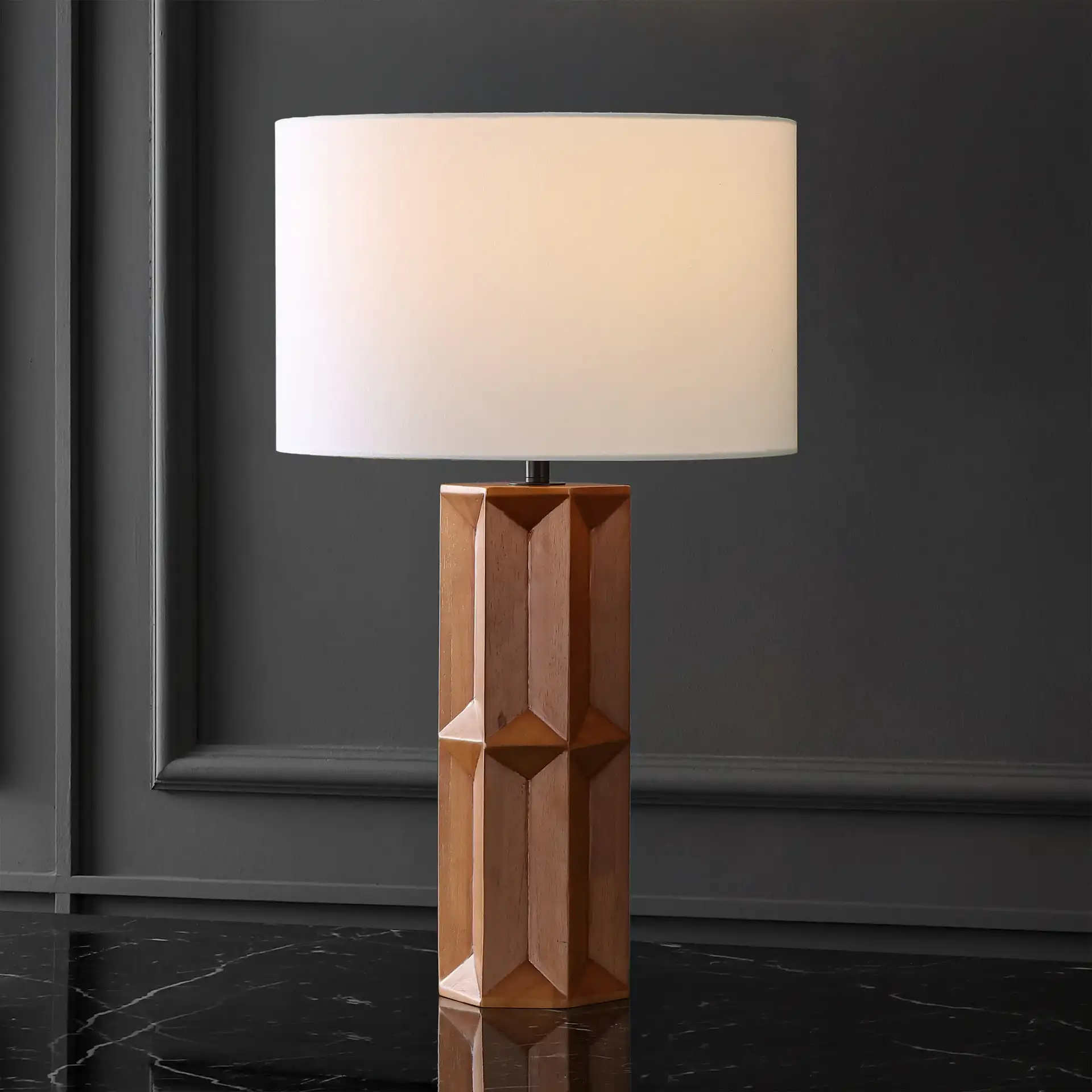 Ferdinand Wood Table Lamp in Walnut / White in a styled room