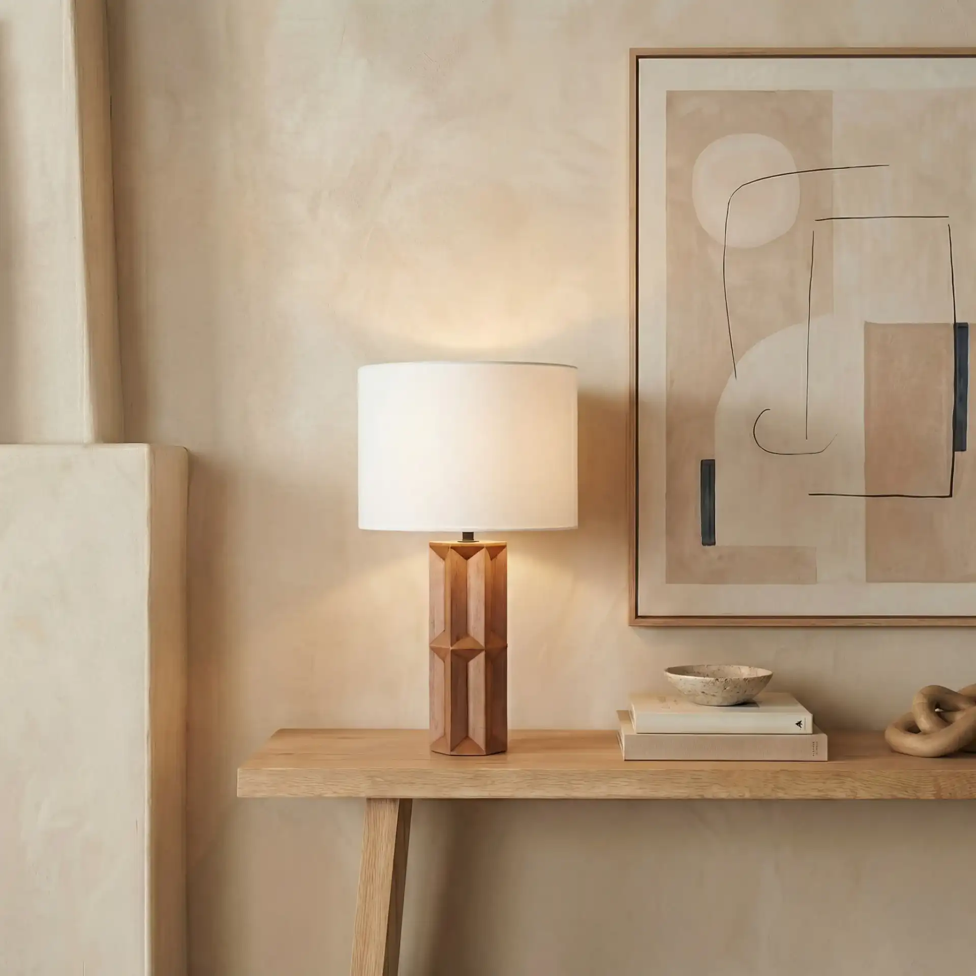 Ferdinand Wood Table Lamp in Walnut / White in a styled room