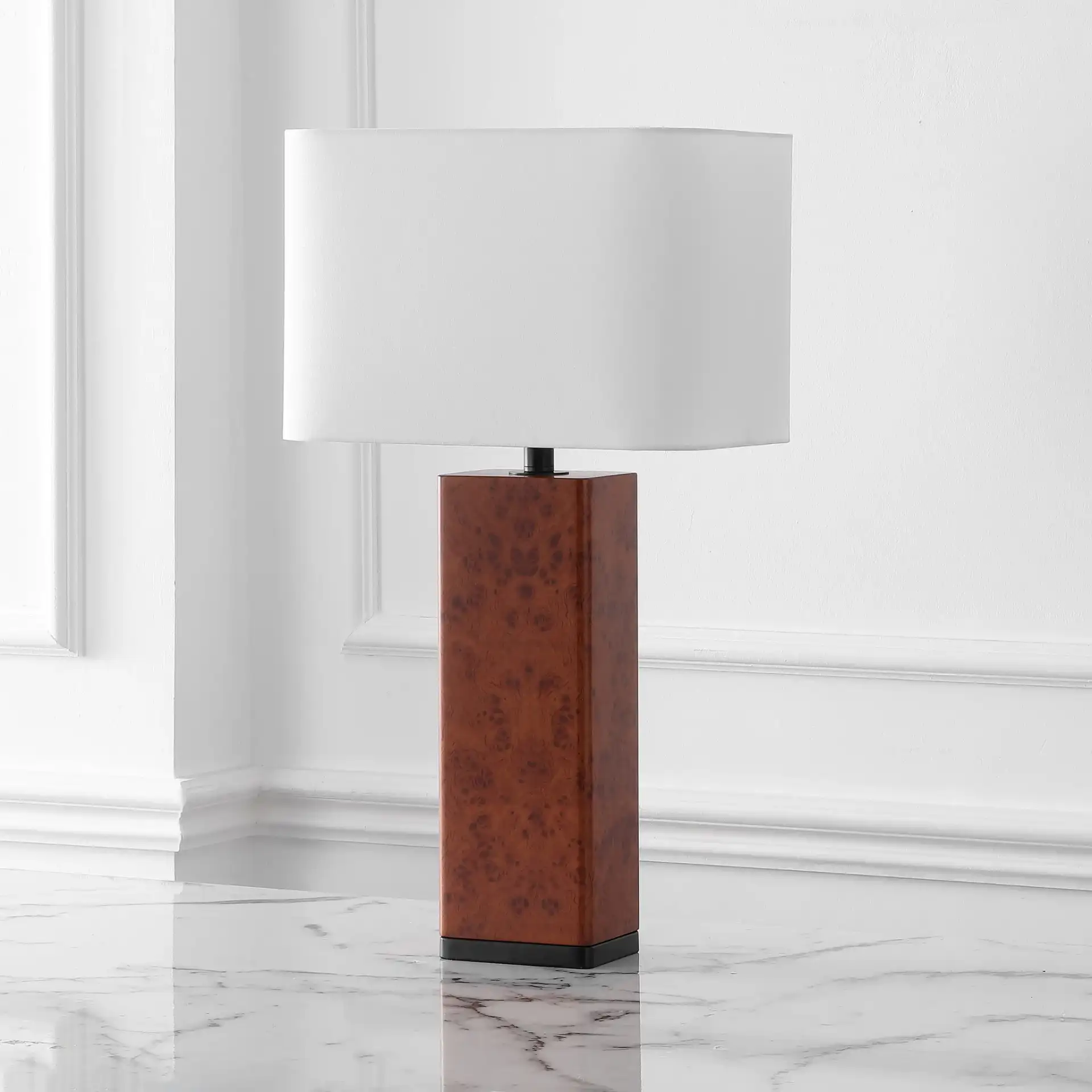 Elsee Burl Wood Table Lamp in Walnut Burl / White in a styled room